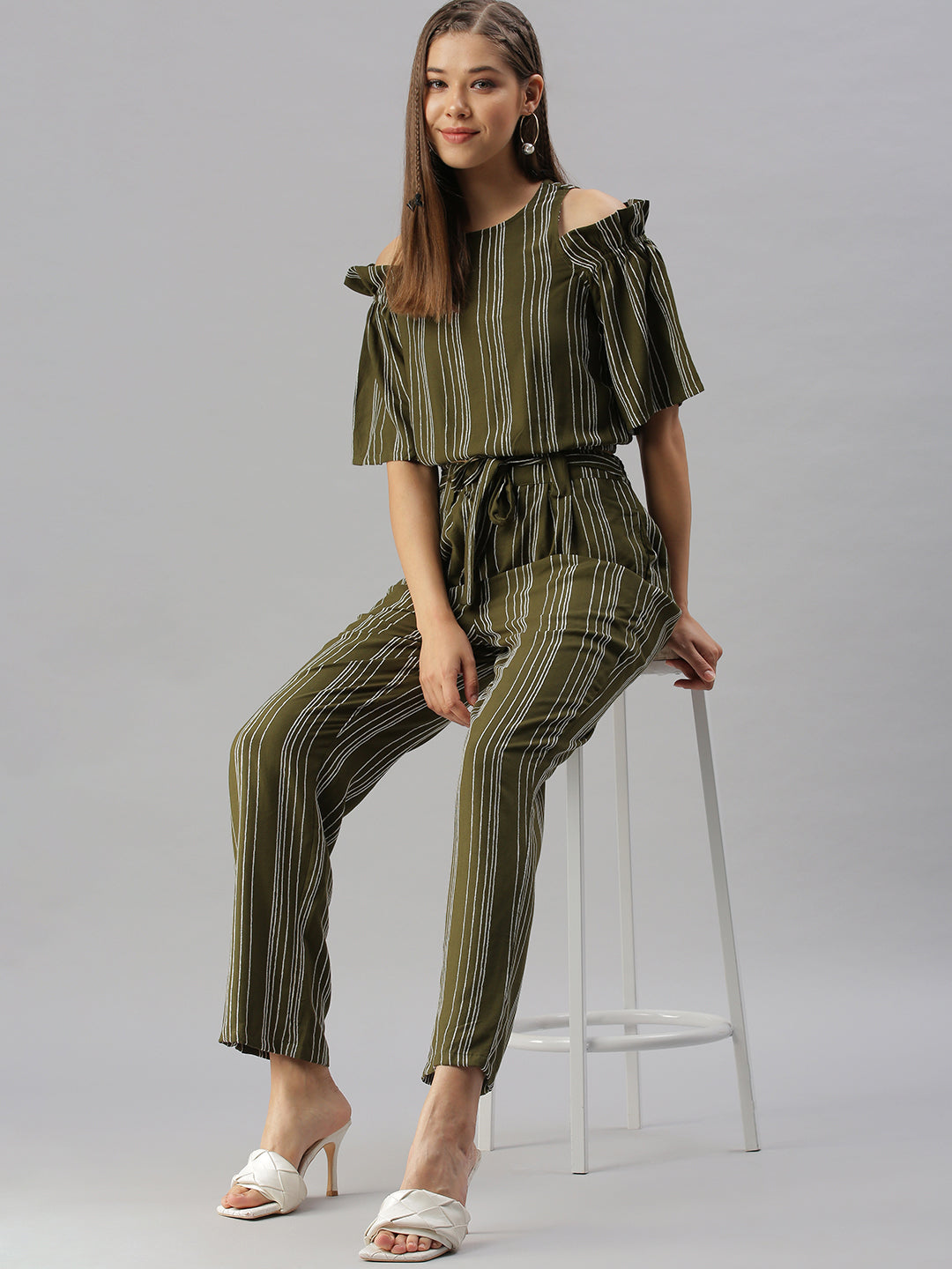 Women Striped Olive Co-Ords Set