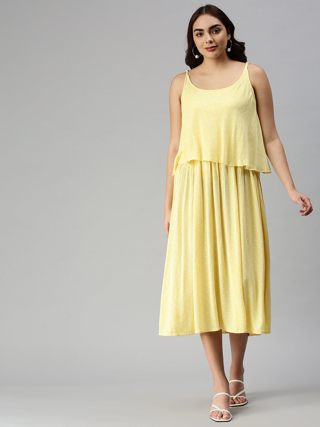 Women Shoulder Straps Self Design Maxi Yellow Dress