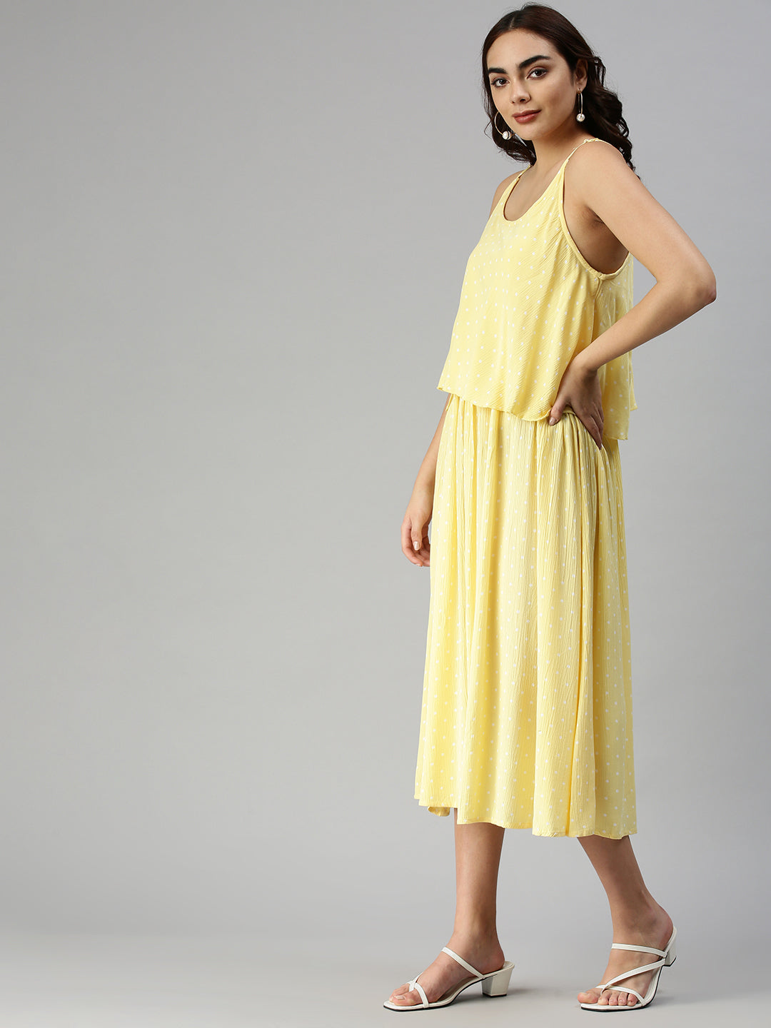 Women Shoulder Straps Self Design Maxi Yellow Dress