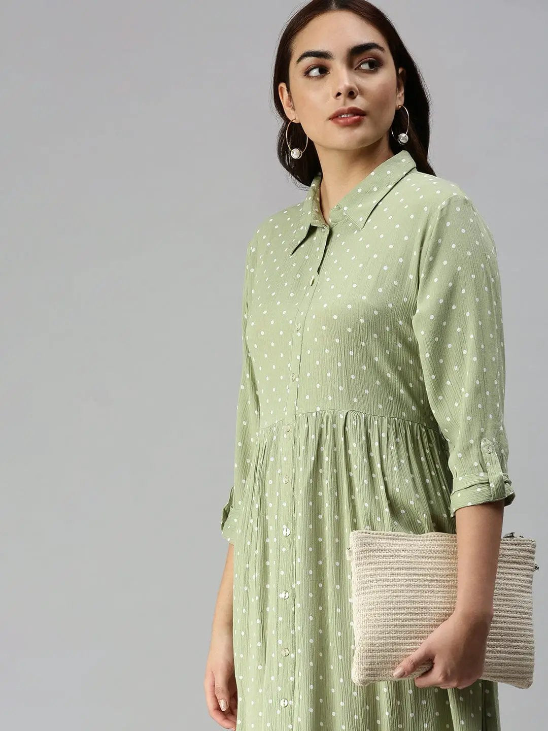 Women's Self Design Shirt Style Green Dress