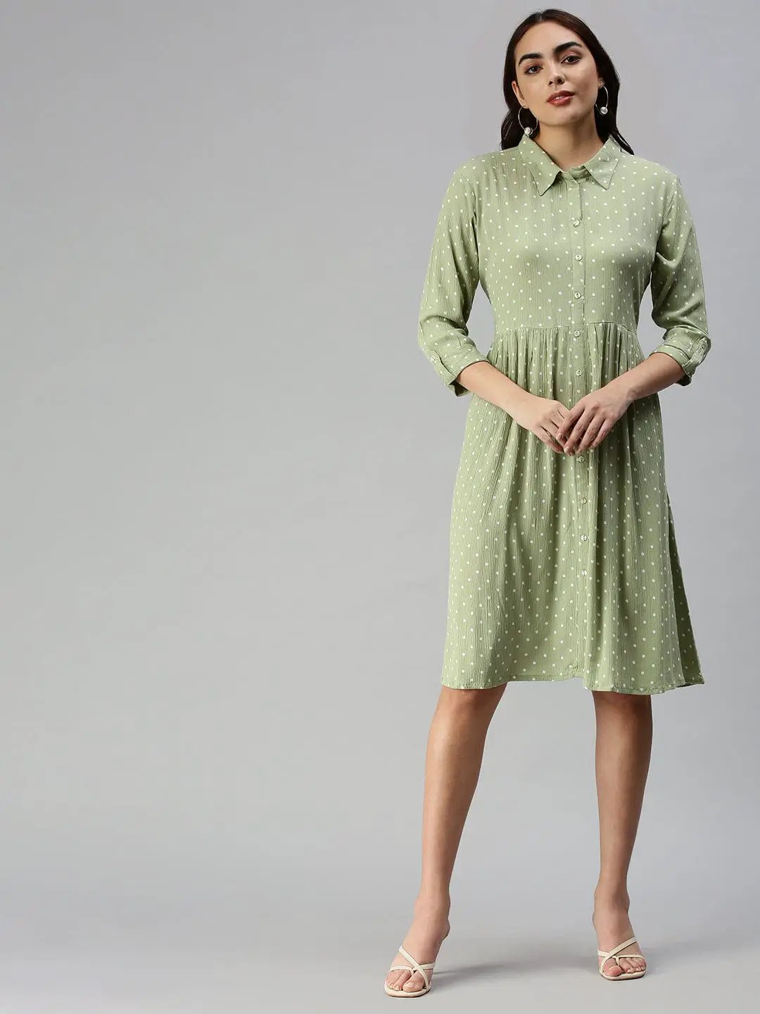 Women's Self Design Shirt Style Green Dress