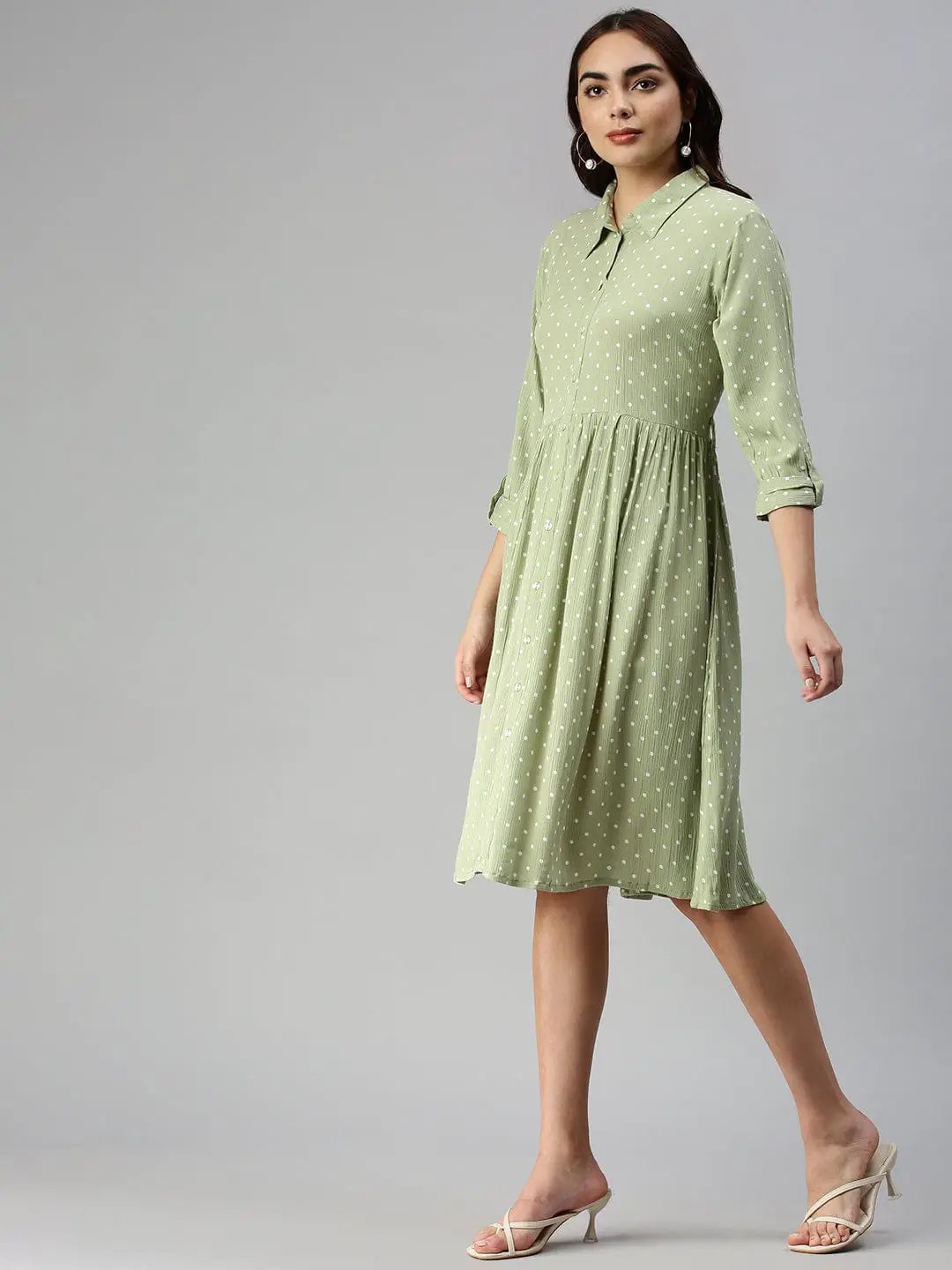 Women's Self Design Shirt Style Green Dress
