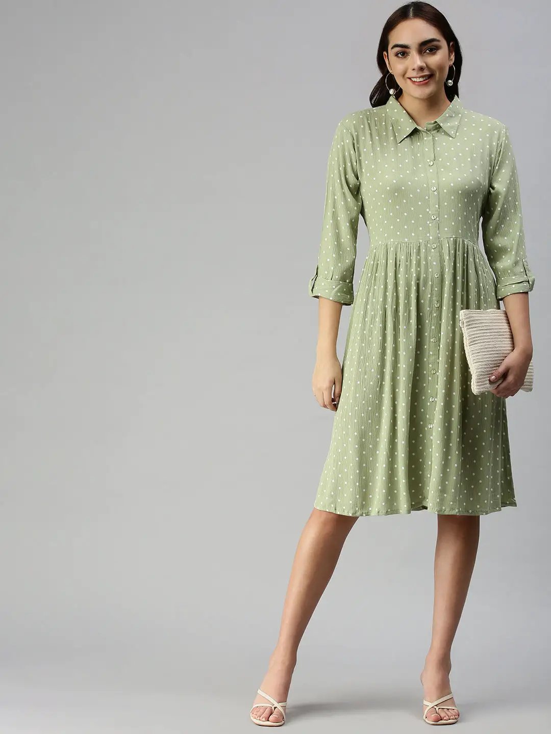 Women's Self Design Shirt Style Green Dress