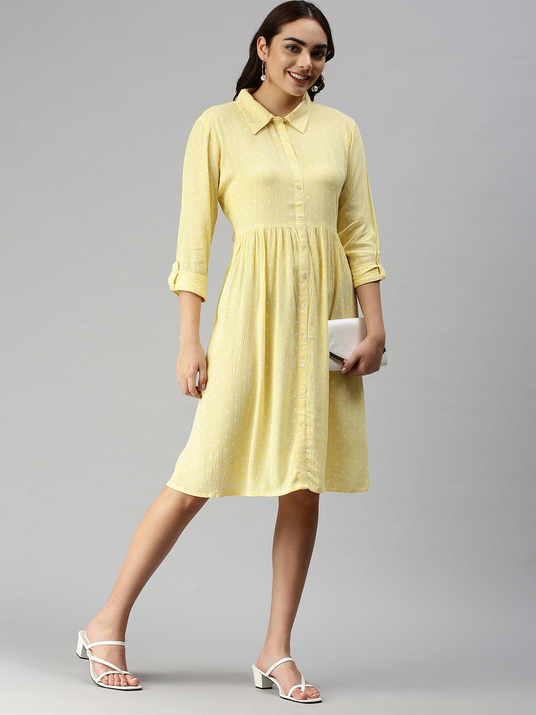 Women Self Design Shirt Style Yellow Dress