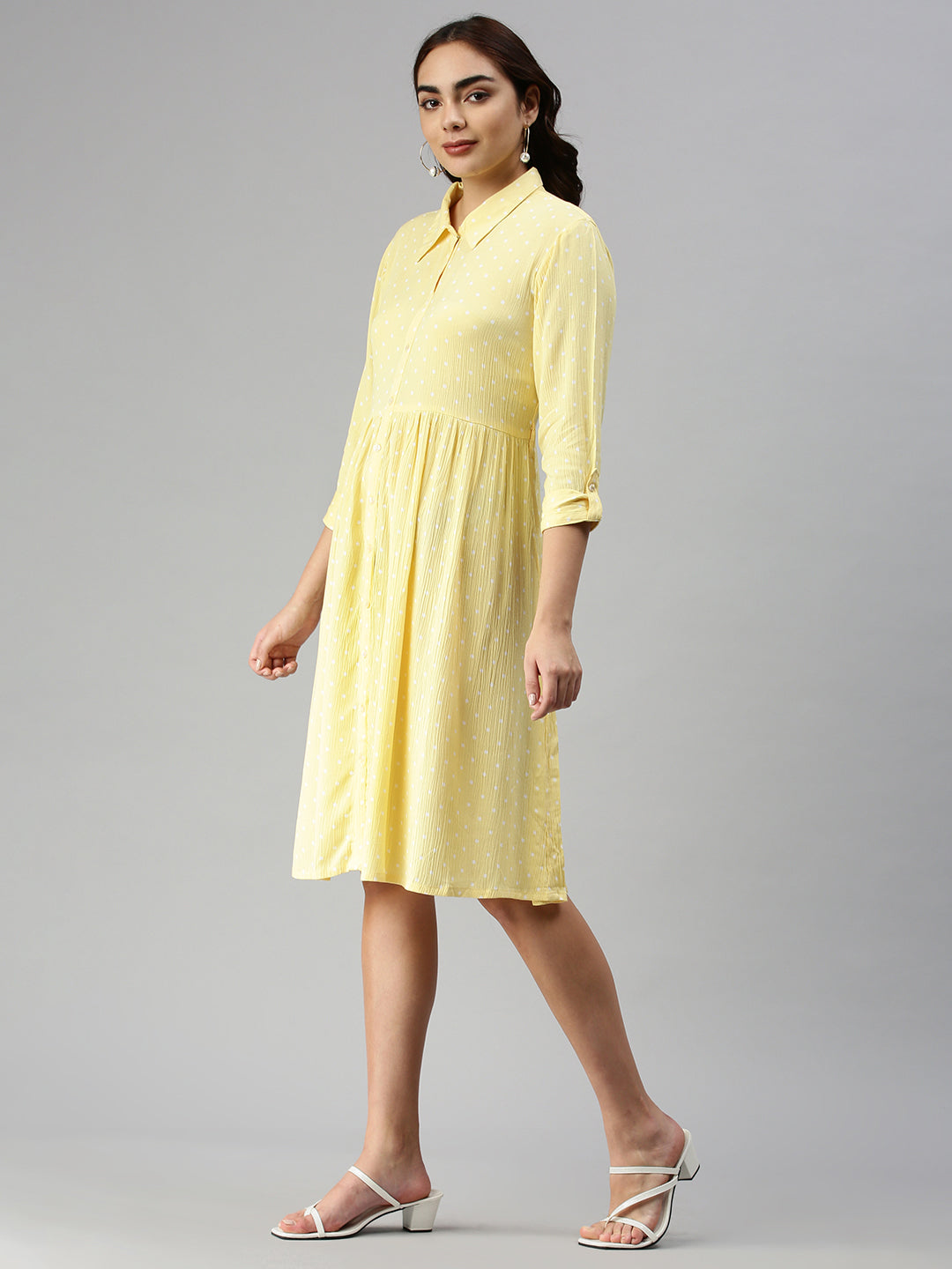 Women Self Design Shirt Style Yellow Dress