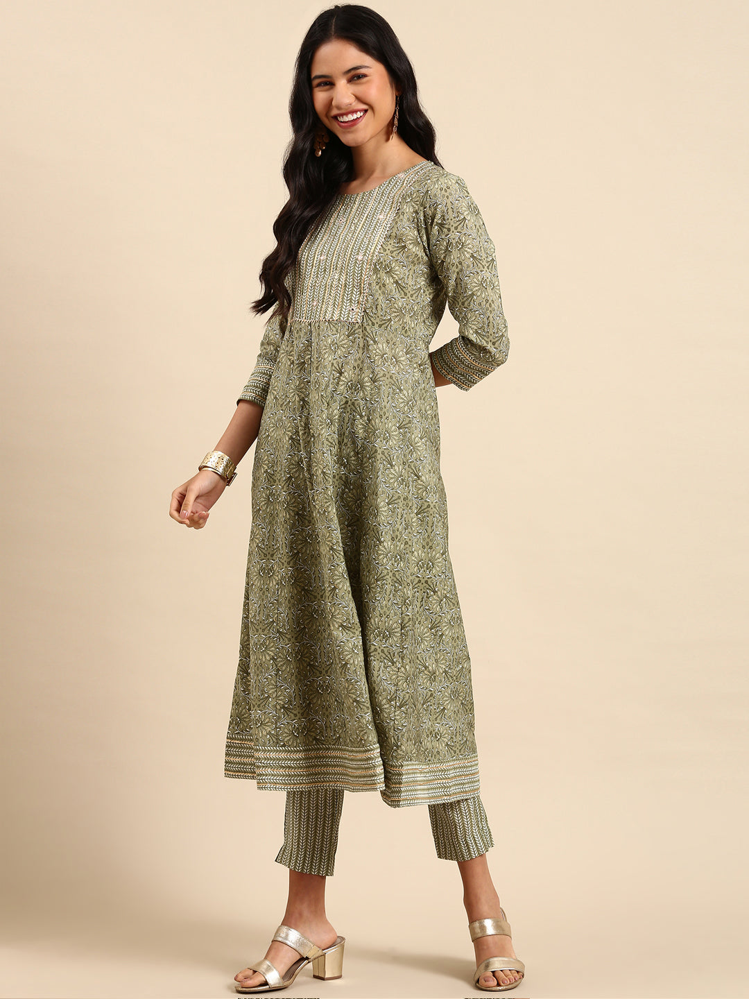 Women Graphic Olive Anarkali Kurta Set