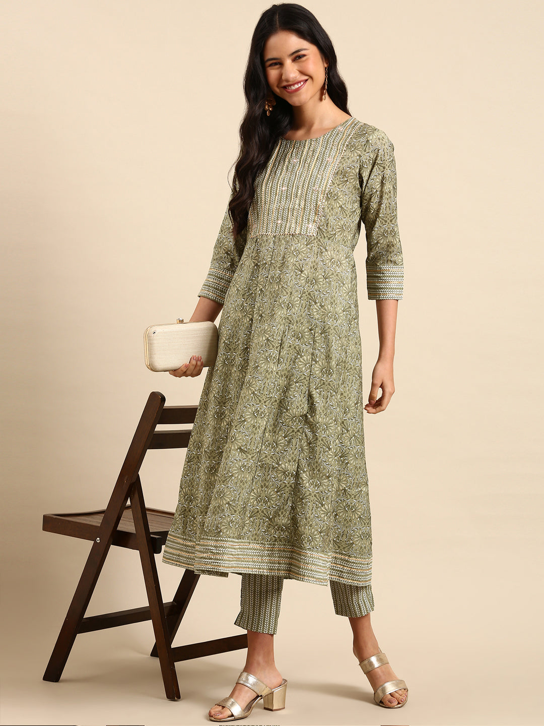 Women Graphic Olive Anarkali Kurta Set