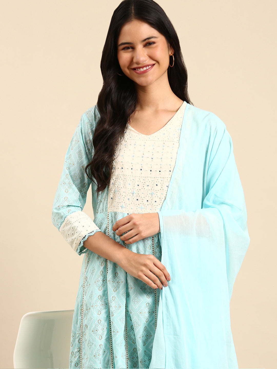 Women Bandhani Blue Anarkali Kurta Set with Dupatta