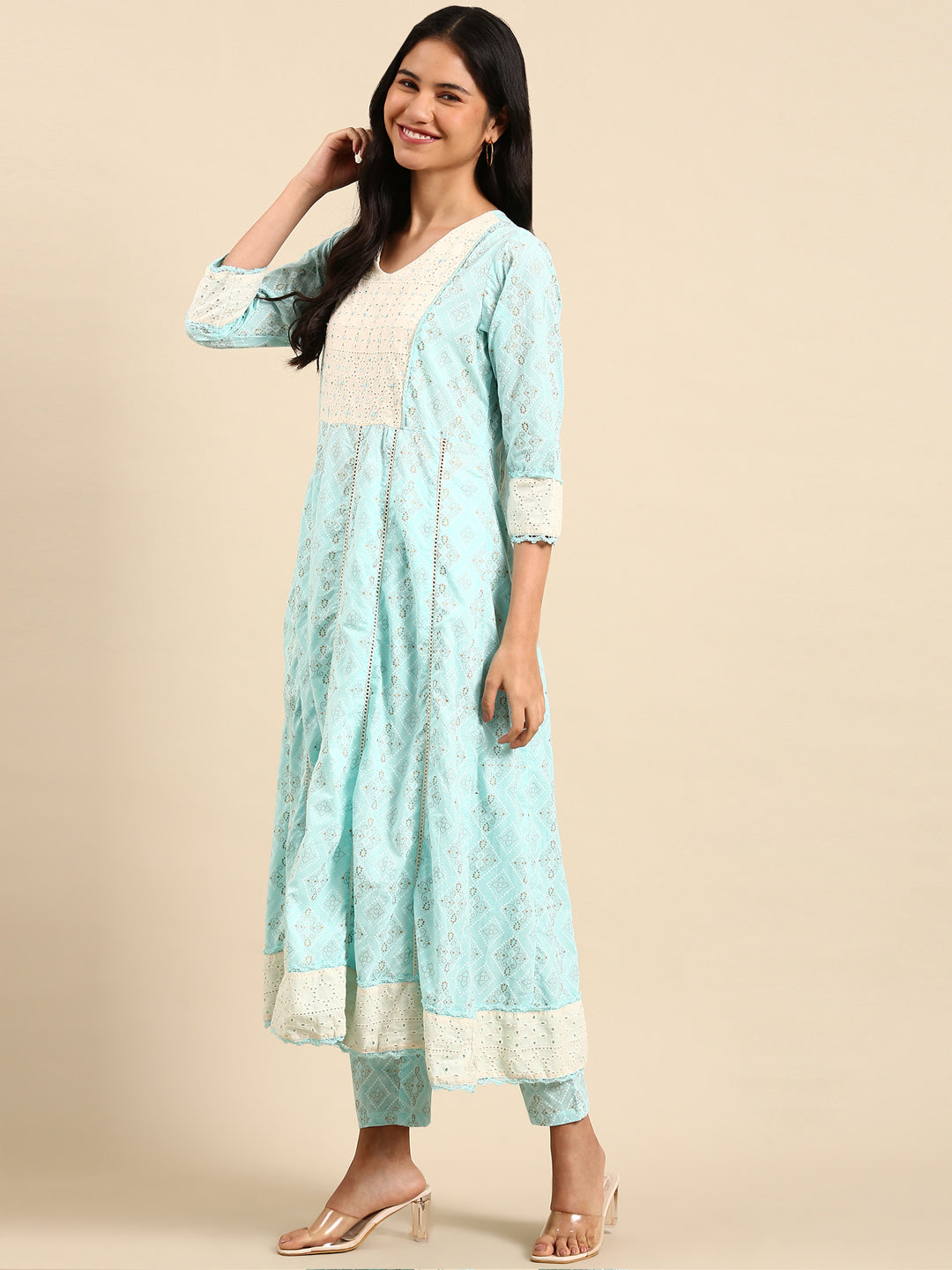 Women Bandhani Blue Anarkali Kurta Set with Dupatta