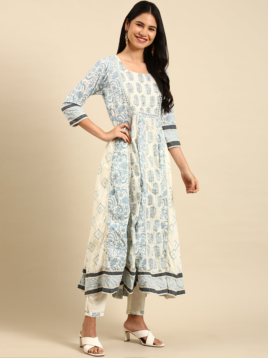 Women Floral Cream Anarkali Kurta Set with Dupatta