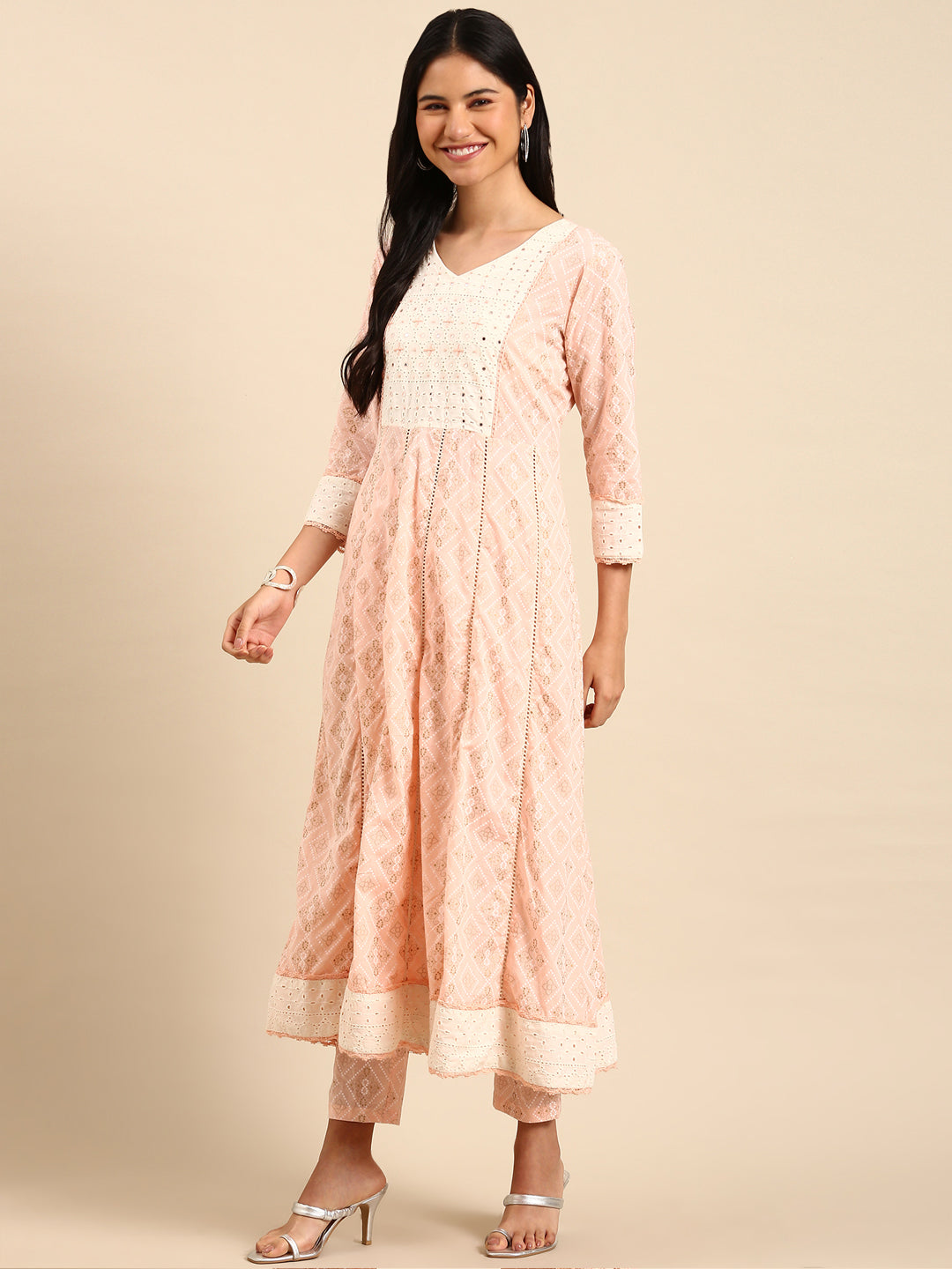 Women Bandhani Peach Anarkali Kurta Set with Dupatta