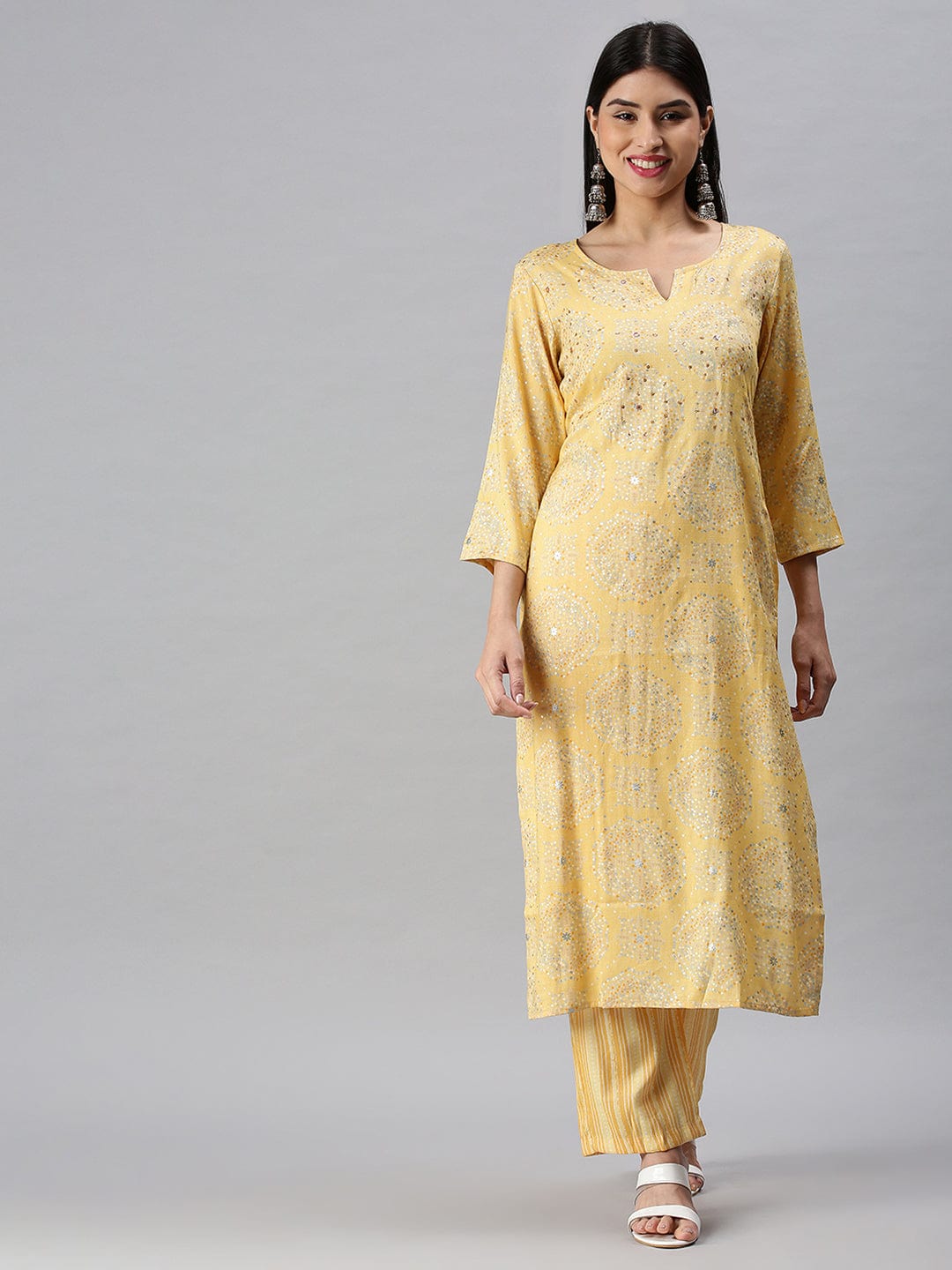 Women's Straight Yellow Printed Kurta and Trousers
