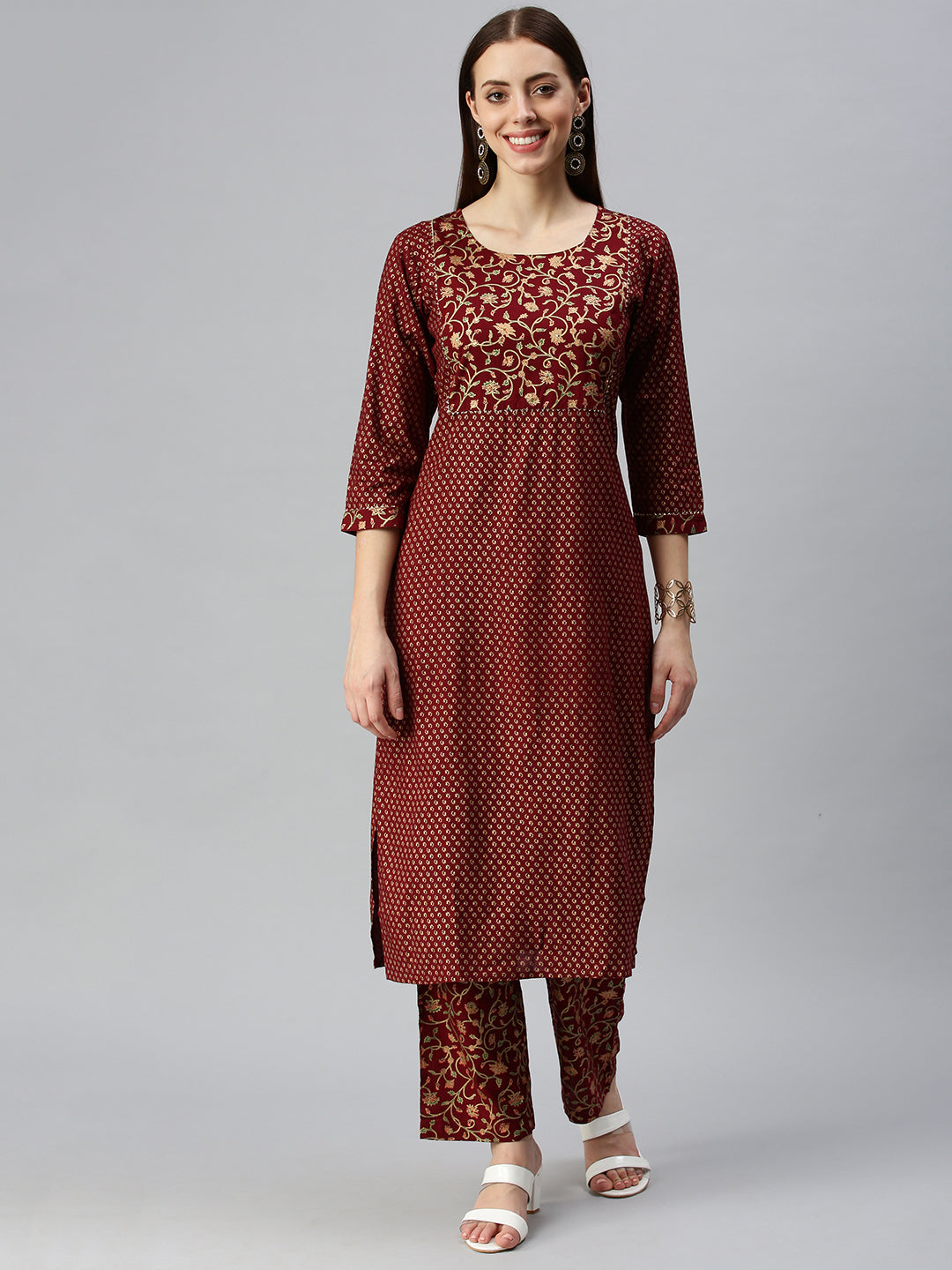 Women Straight Maroon Printed Kurta and Trousers