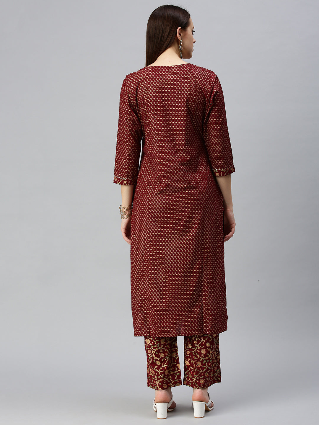 Women Straight Maroon Printed Kurta and Trousers