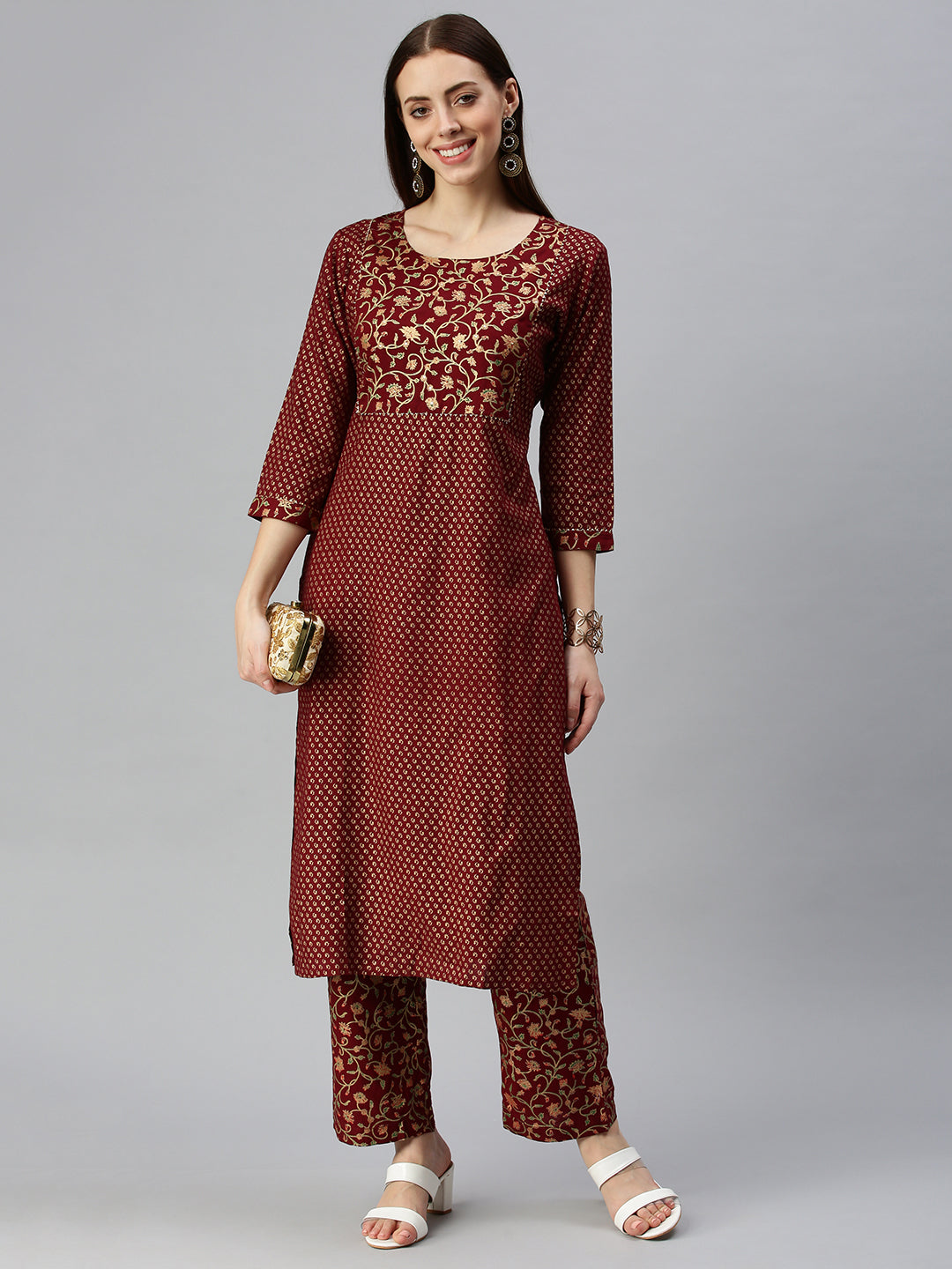 Women Straight Maroon Printed Kurta and Trousers