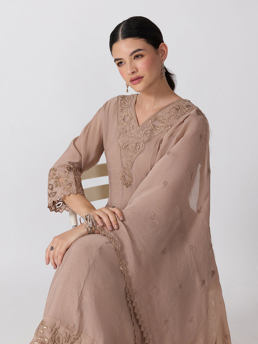 Women’s Floral Embroidered Beige Anarkali Kurta Set with Dupatta