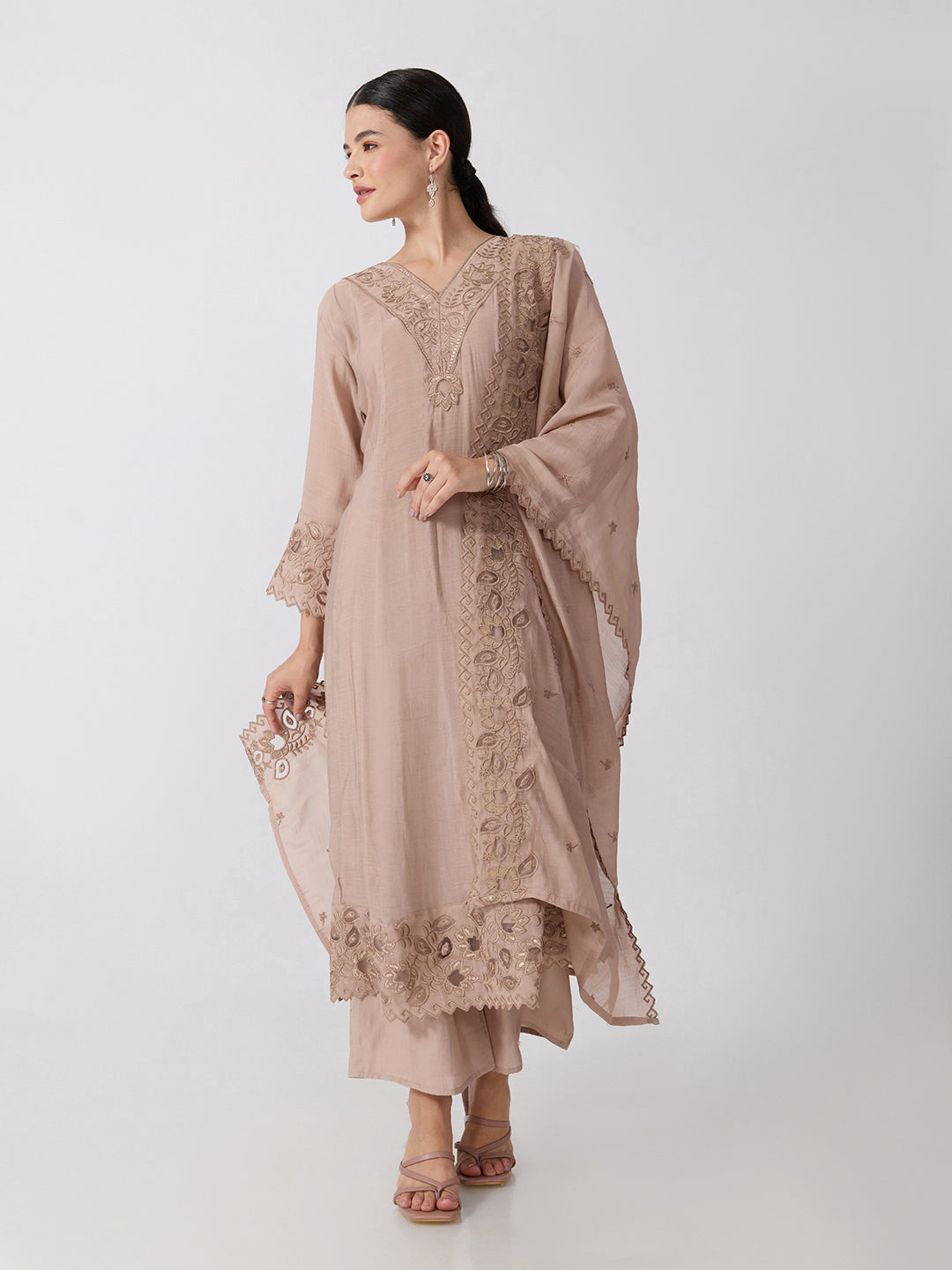 Women’s Floral Embroidered Beige Anarkali Kurta Set with Dupatta