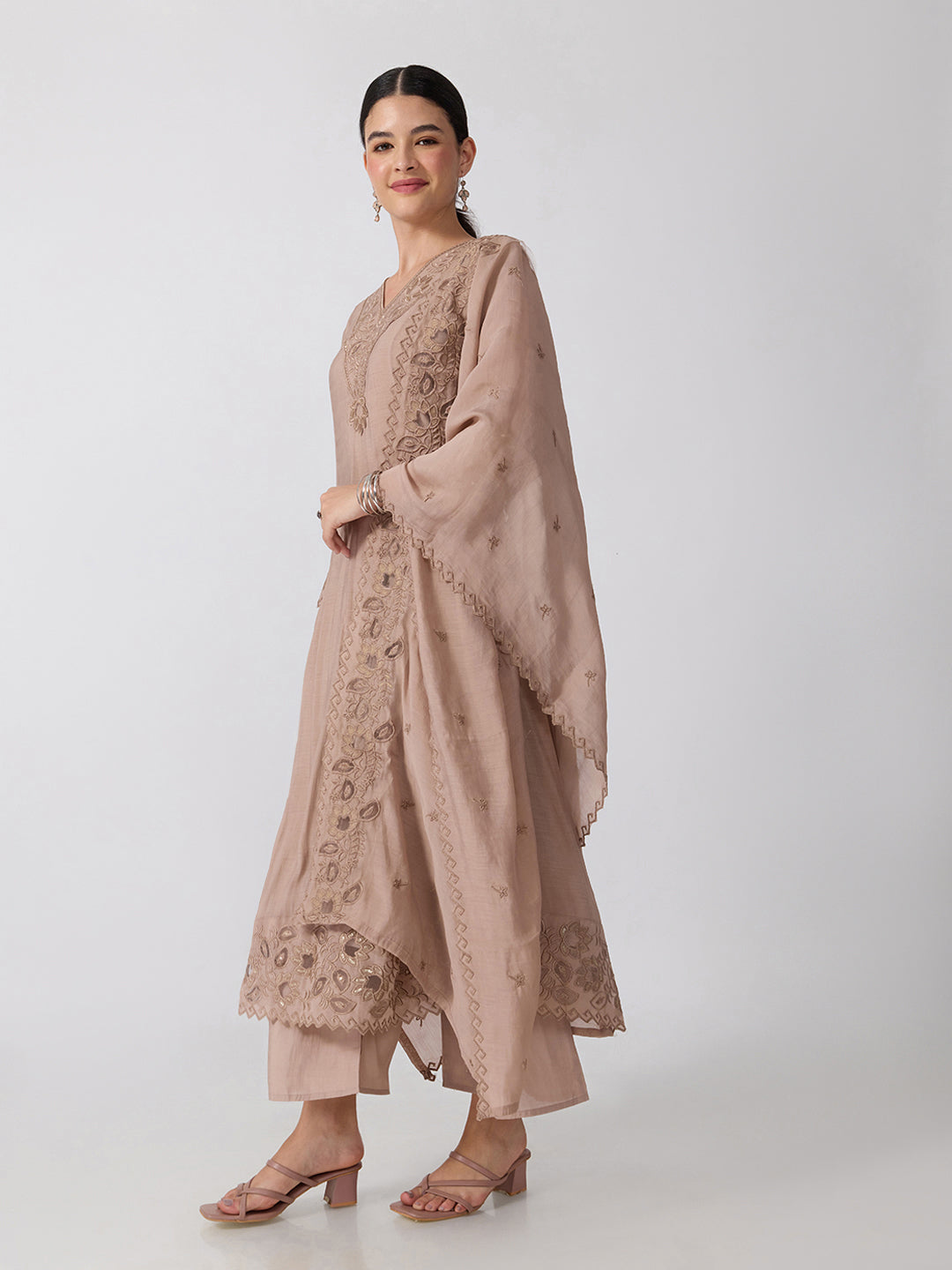 Women’s Floral Embroidered Beige Anarkali Kurta Set with Dupatta