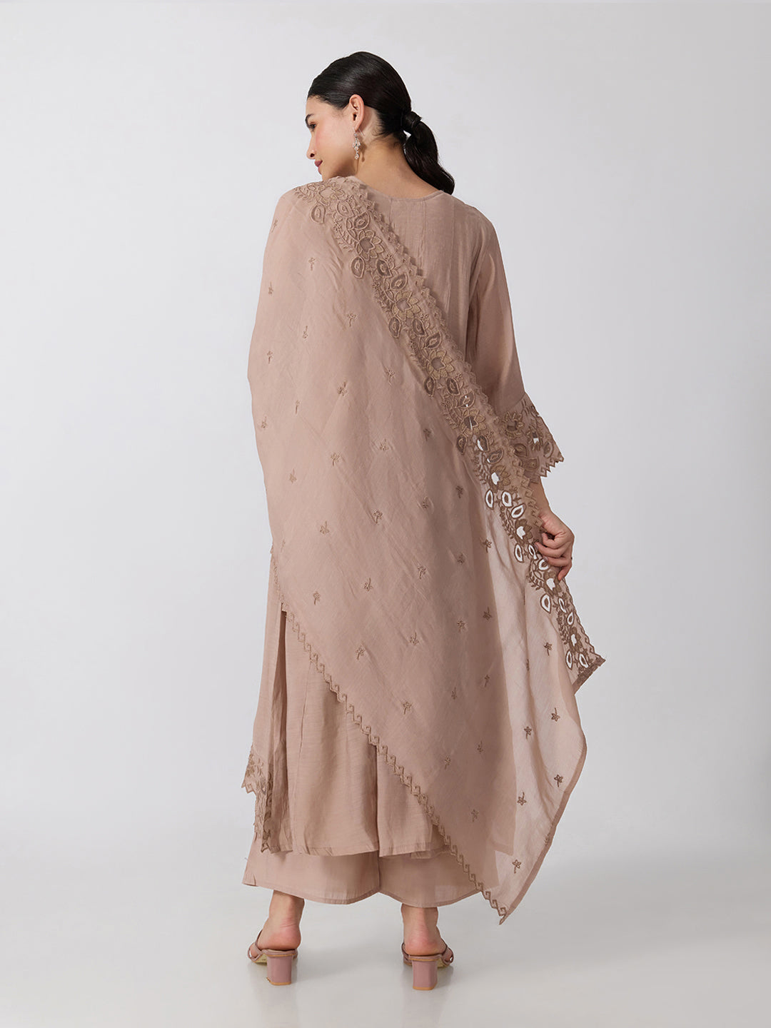 Women’s Floral Embroidered Beige Anarkali Kurta Set with Dupatta