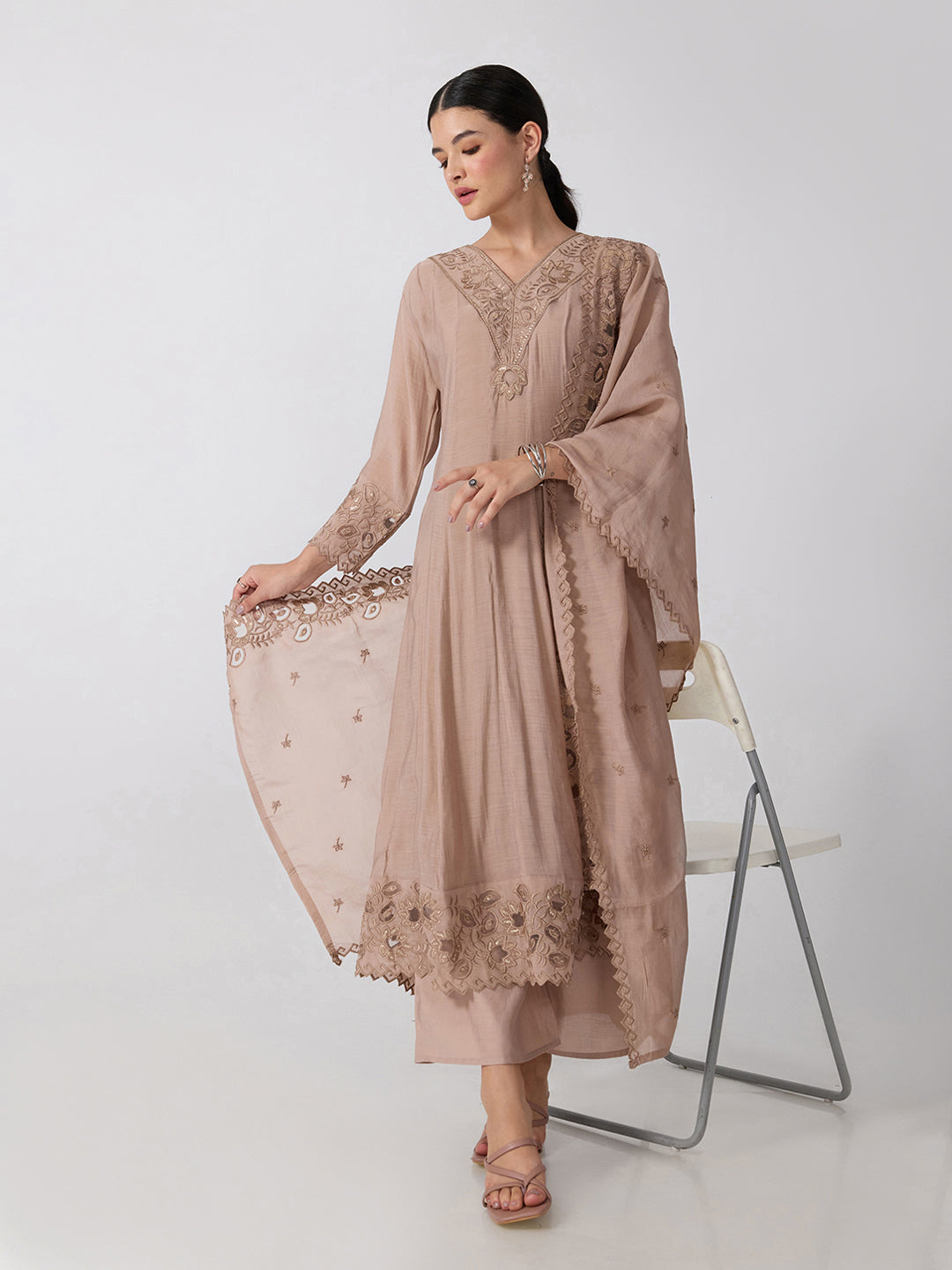 Women’s Floral Embroidered Beige Anarkali Kurta Set with Dupatta