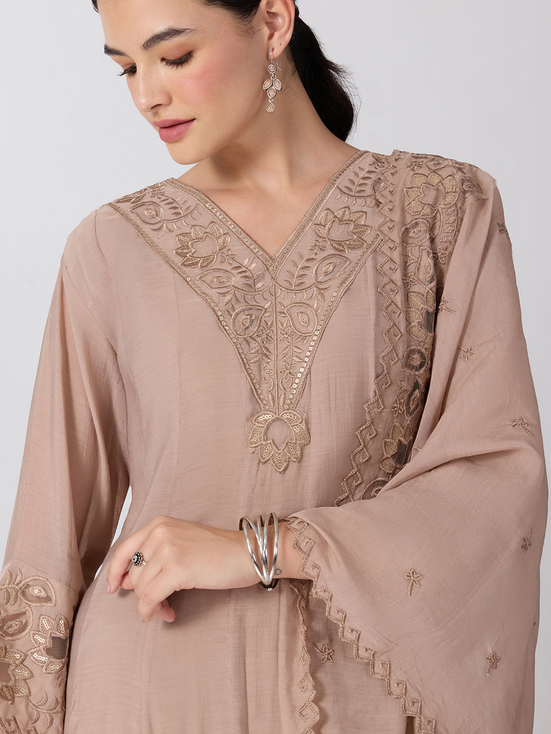 Women’s Floral Embroidered Beige Anarkali Kurta Set with Dupatta