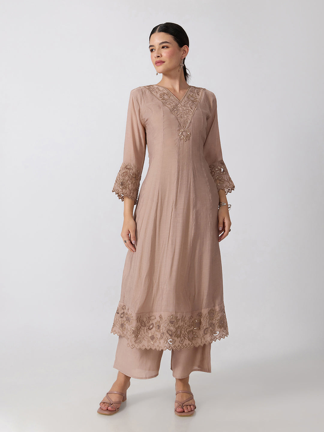 Women’s Floral Embroidered Beige Anarkali Kurta Set with Dupatta