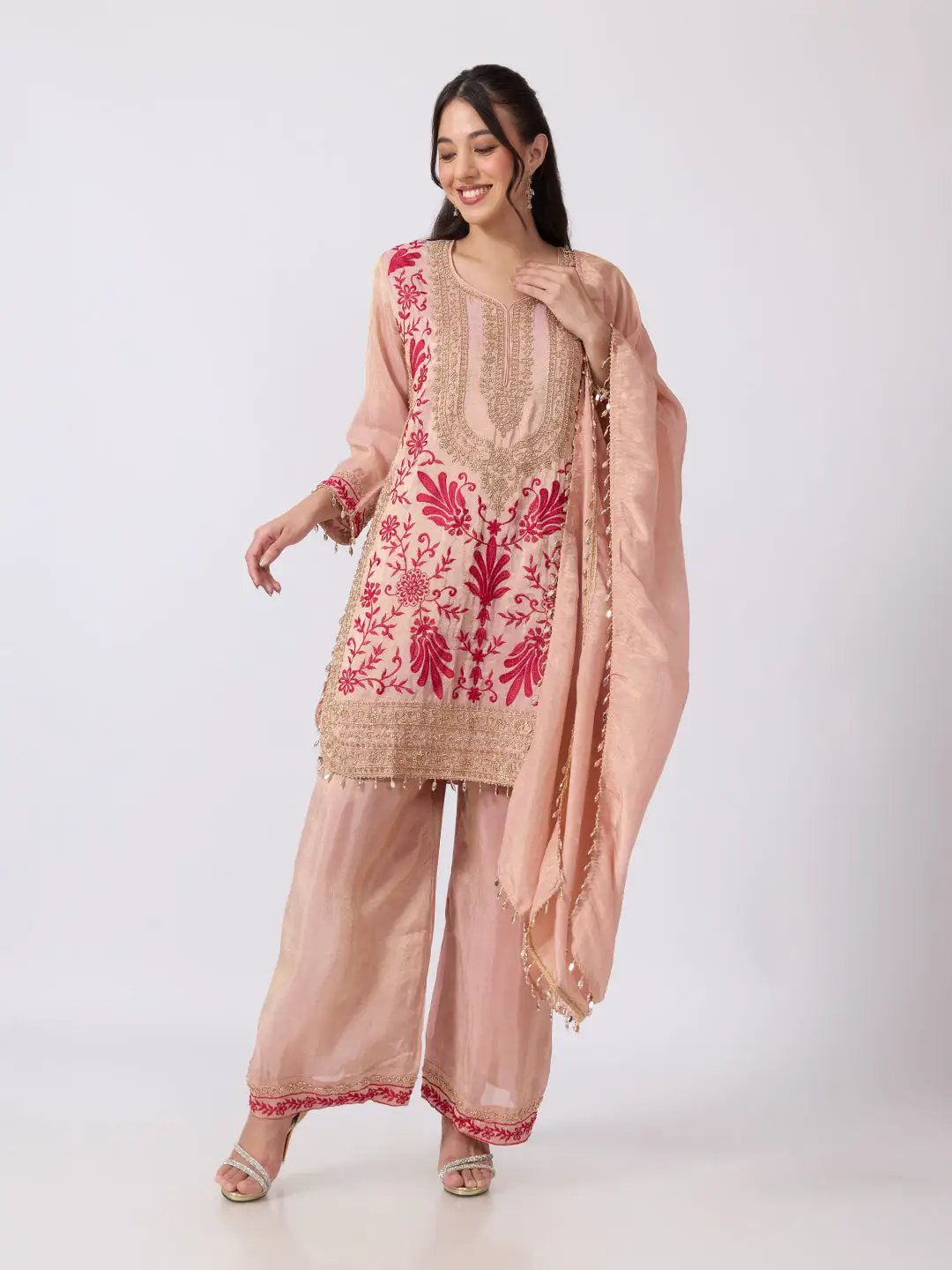 Women's Floral Embellished Pink Kurta Palazzo Set with Dupatta