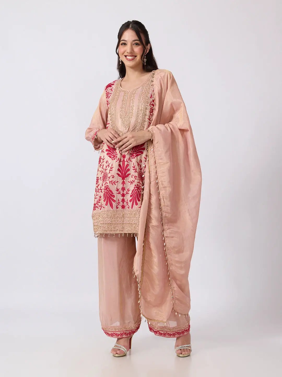 Women's Floral Embellished Pink Kurta Palazzo Set with Dupatta