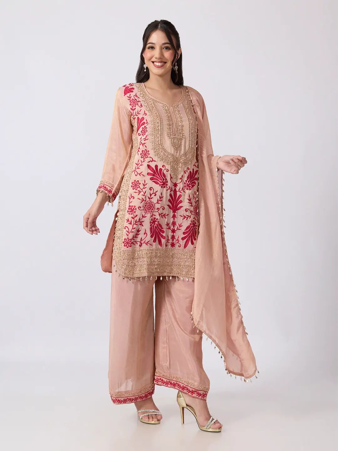 Women's Floral Embellished Pink Kurta Palazzo Set with Dupatta