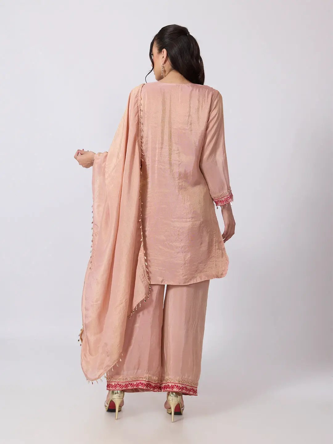 Women's Floral Embellished Pink Kurta Palazzo Set with Dupatta