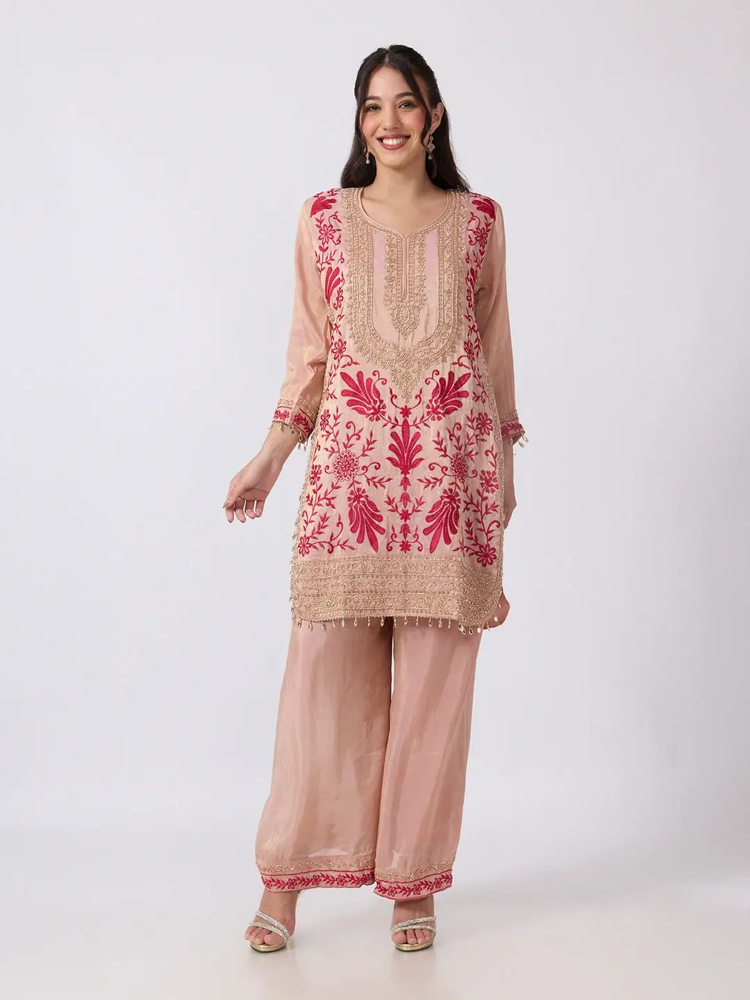 Women's Floral Embellished Pink Kurta Palazzo Set with Dupatta