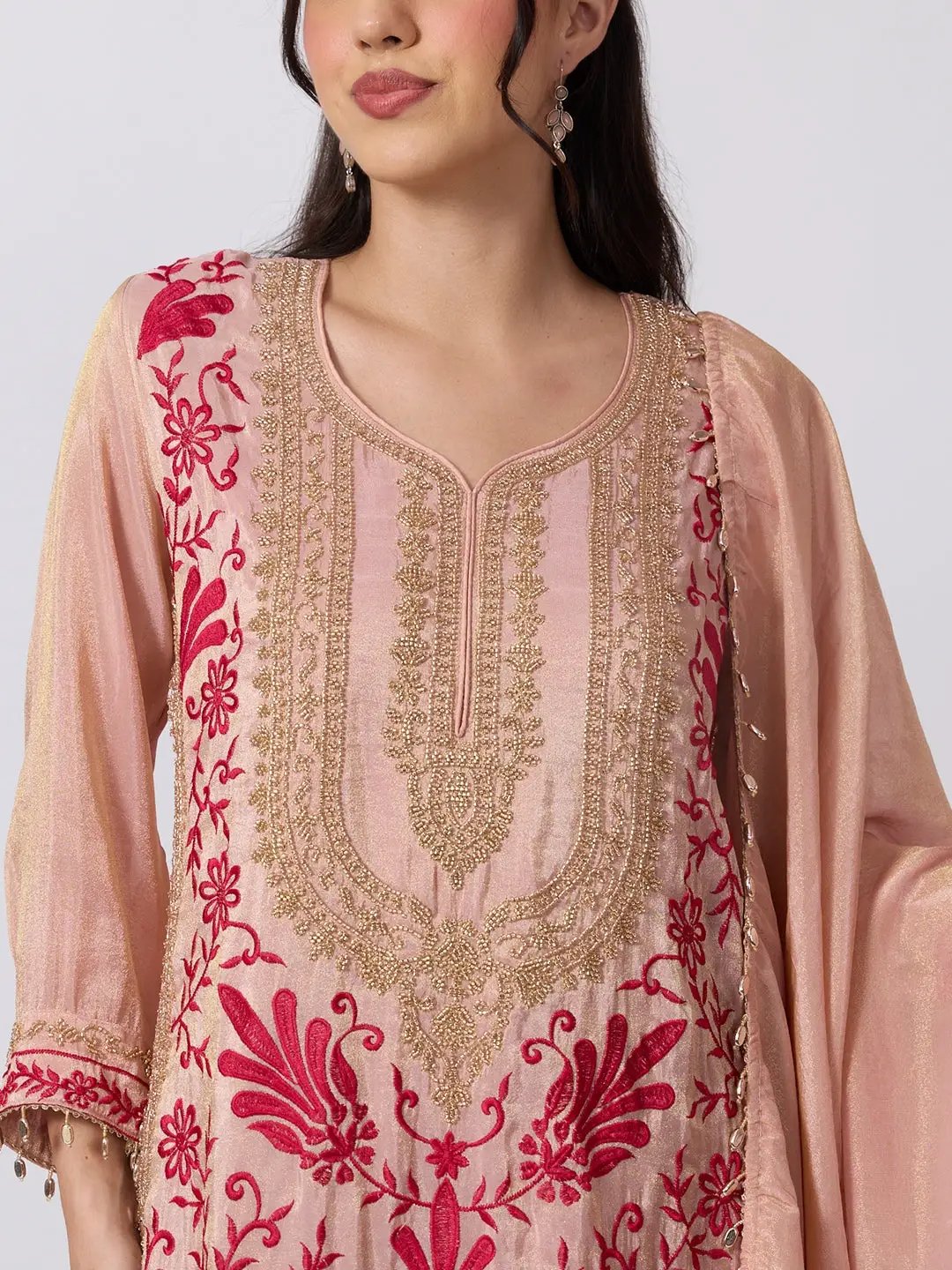 Women's Floral Embellished Pink Kurta Palazzo Set with Dupatta