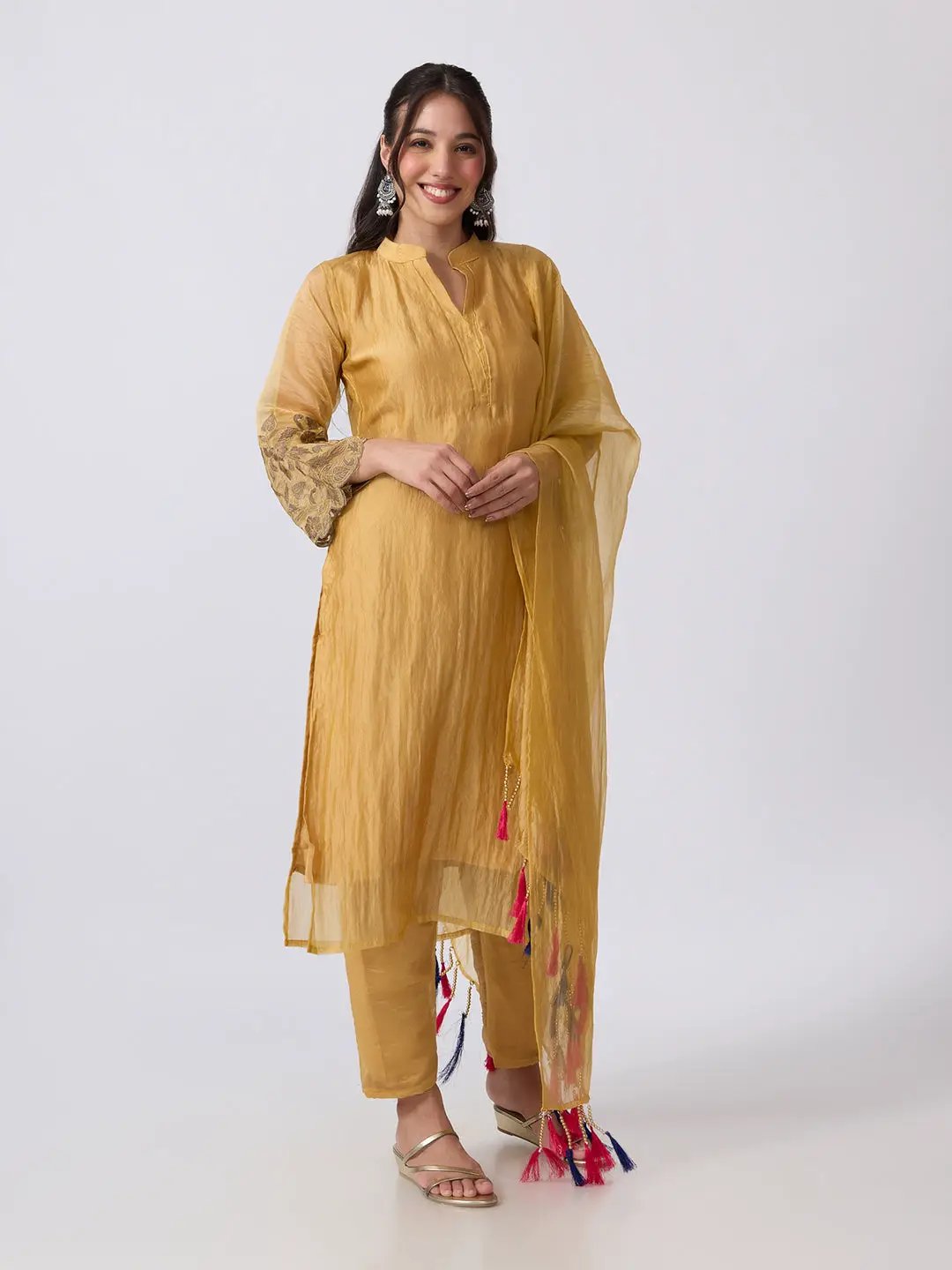 Women's Mustard Mandarin Colla Straight Kurta Set With Flared Sleeves