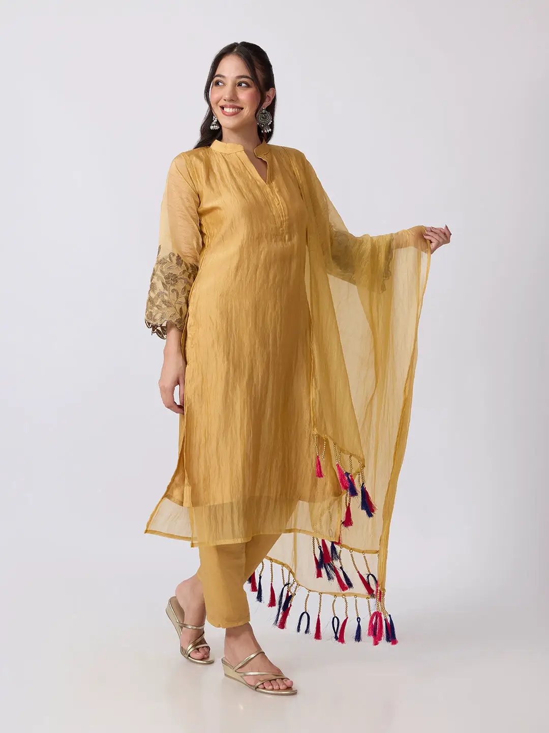 Women's Mustard Mandarin Colla Straight Kurta Set With Flared Sleeves