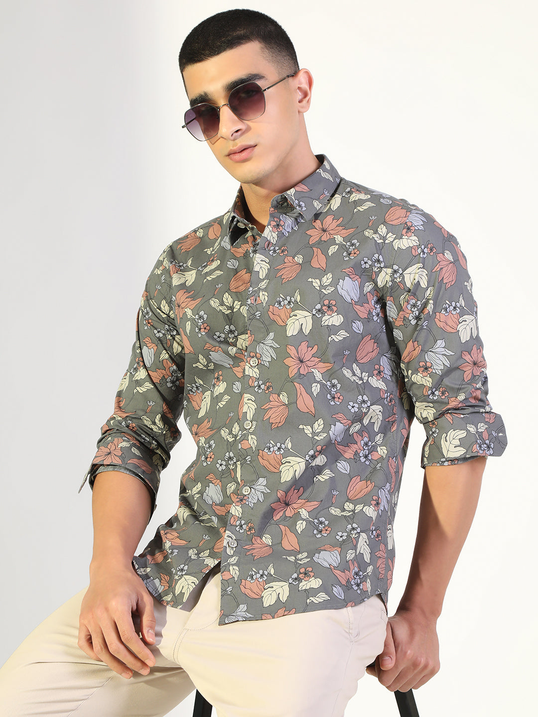 Men's Floral Grey Regular Fit Casual Shirt