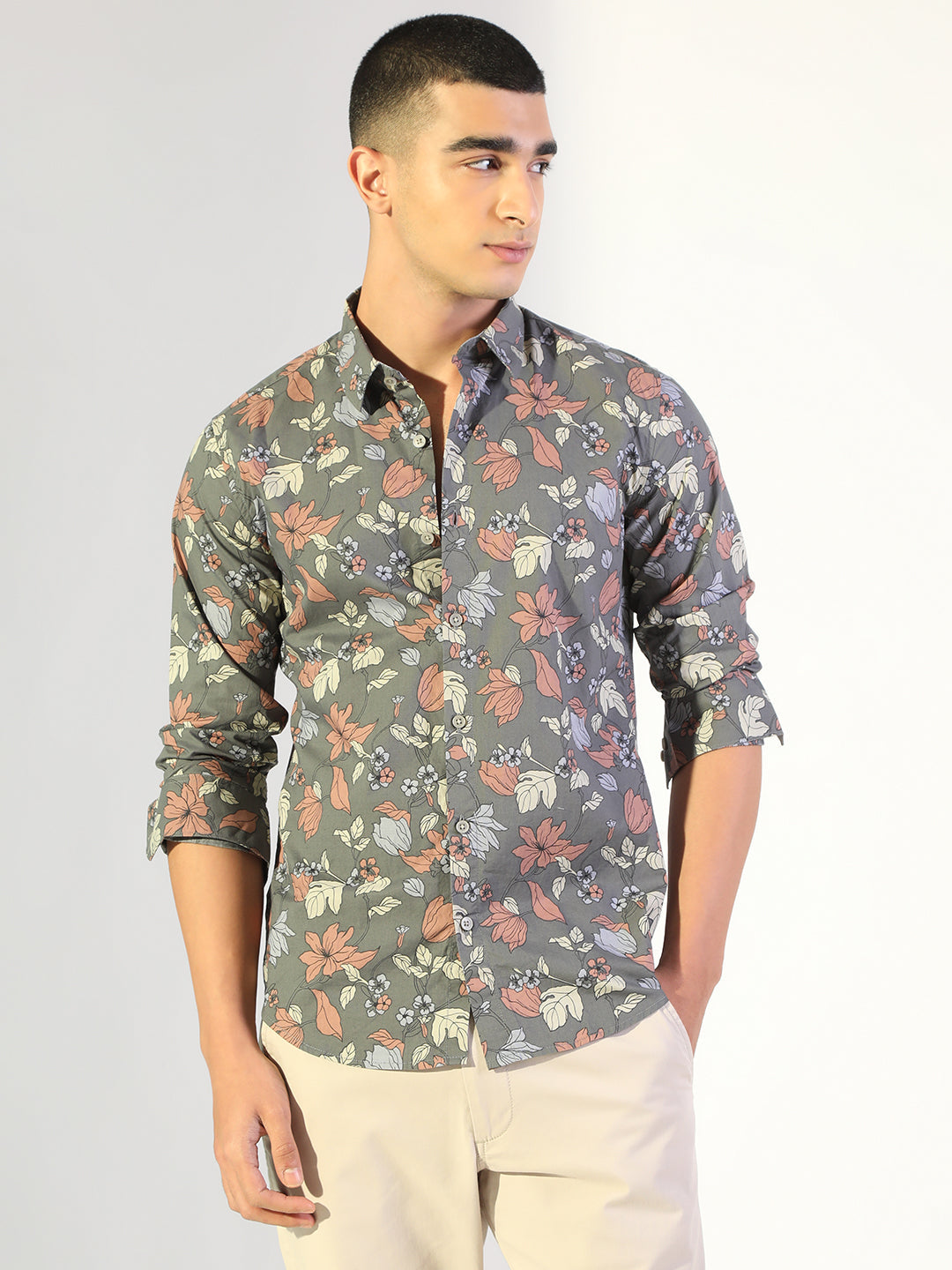 Men's Floral Grey Regular Fit Casual Shirt