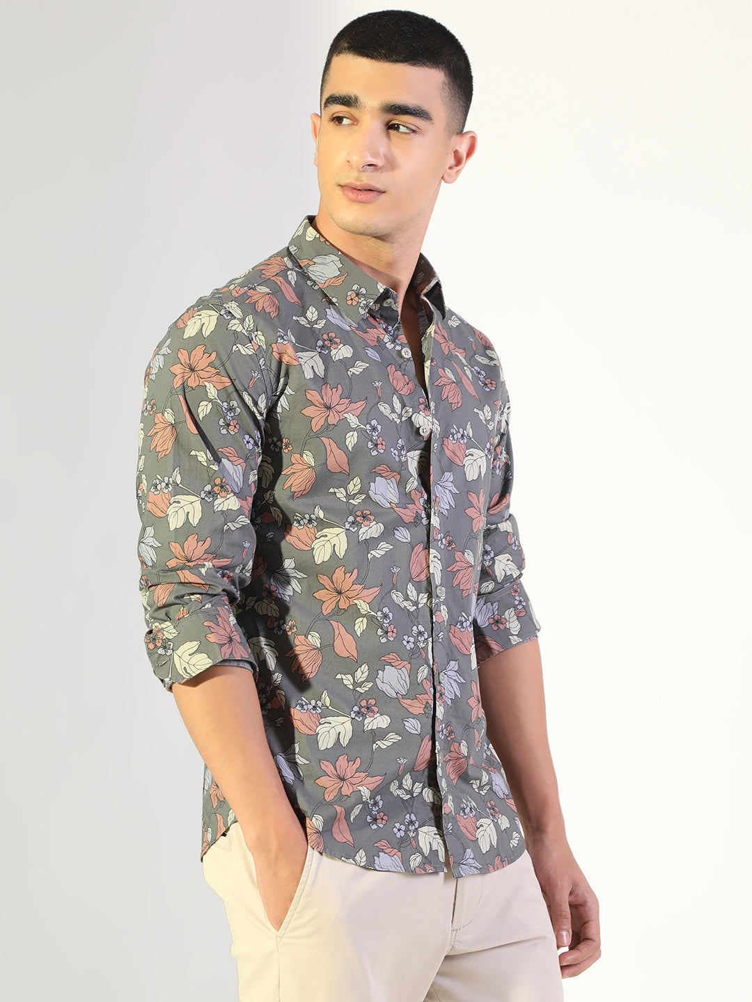 Men's Floral Grey Regular Fit Casual Shirt