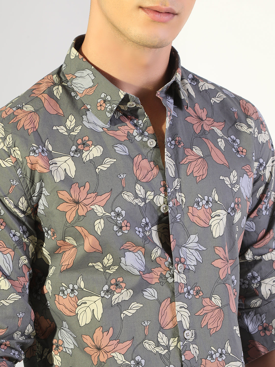 Men's Floral Grey Regular Fit Casual Shirt