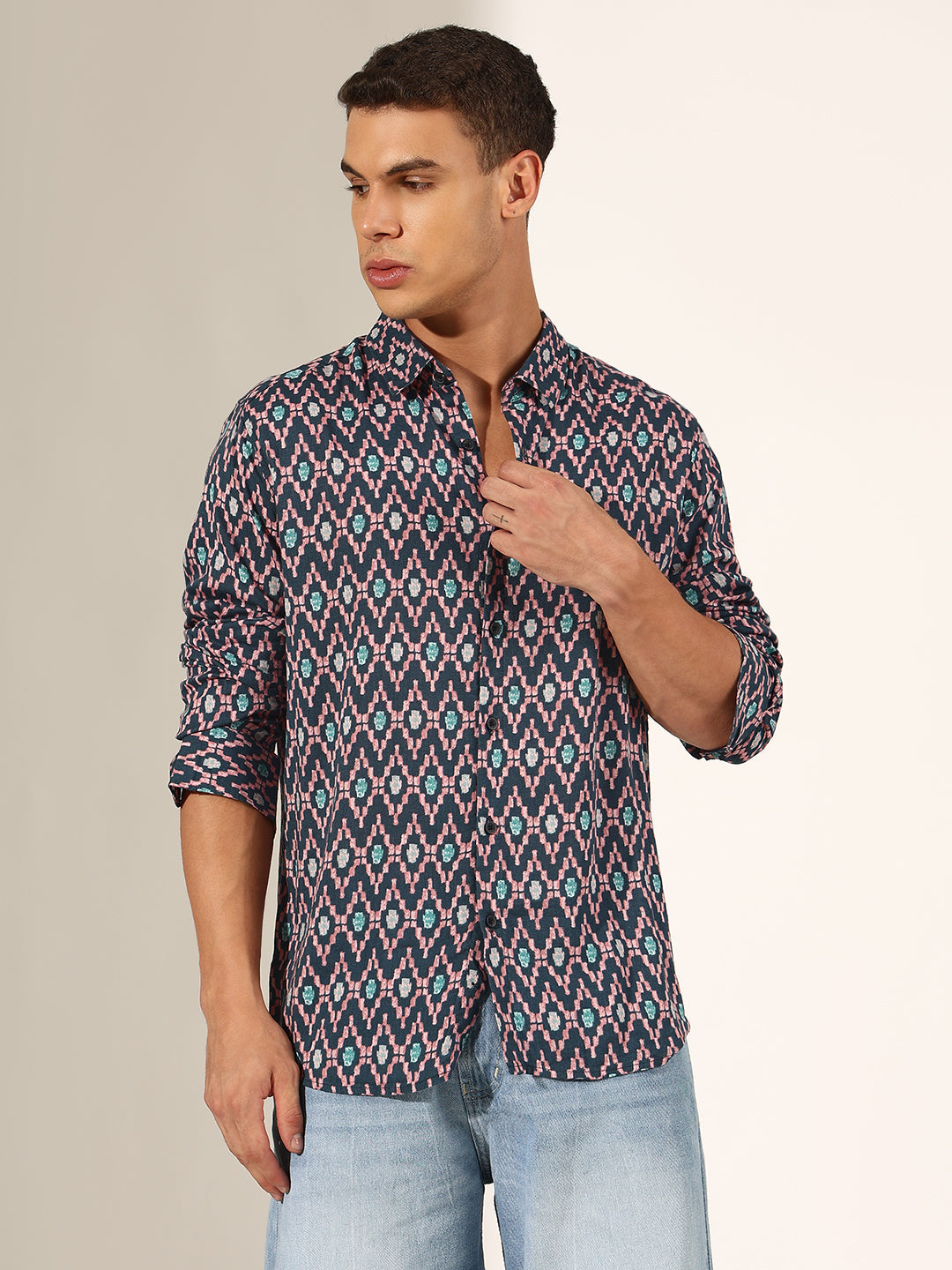 Men's Geometric  Blue Regular Fit Casual Shirt