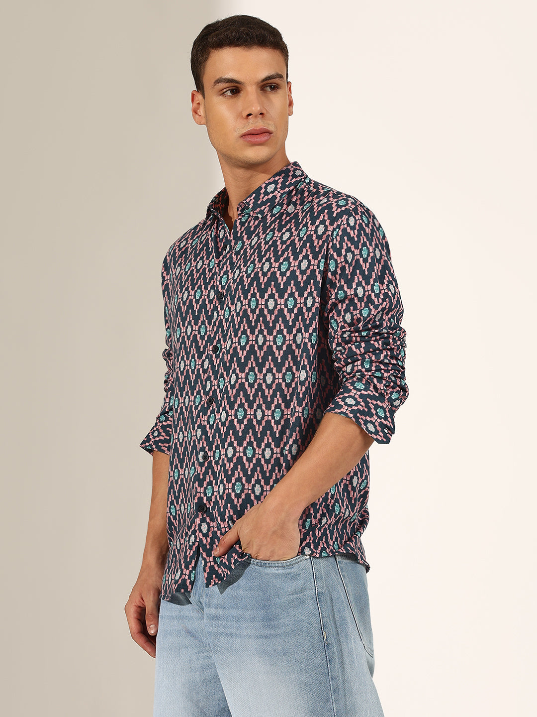 Men's Geometric  Blue Regular Fit Casual Shirt