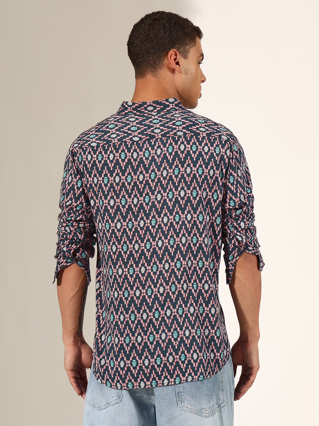 Men's Geometric  Blue Regular Fit Casual Shirt