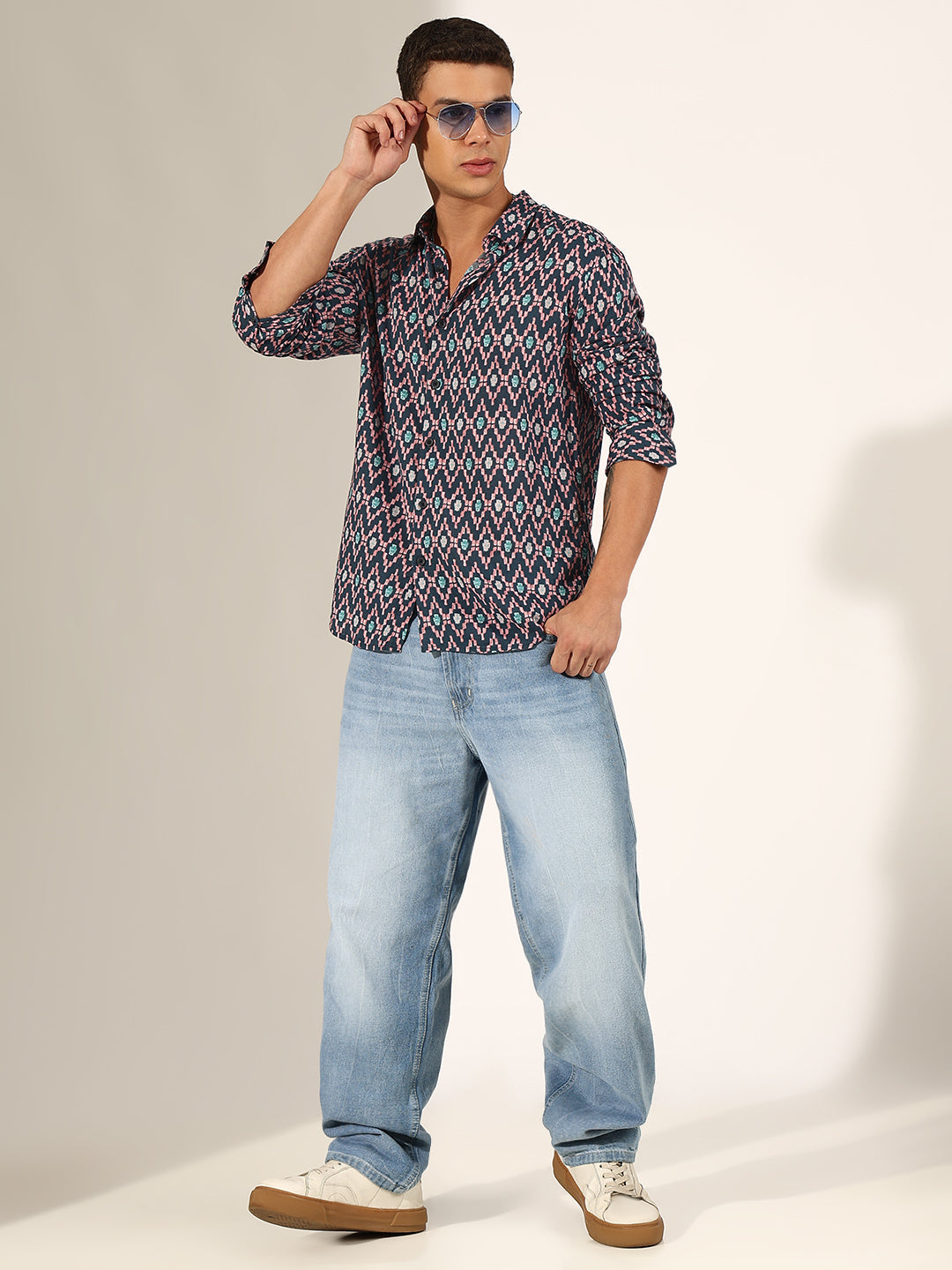 Men's Geometric  Blue Regular Fit Casual Shirt