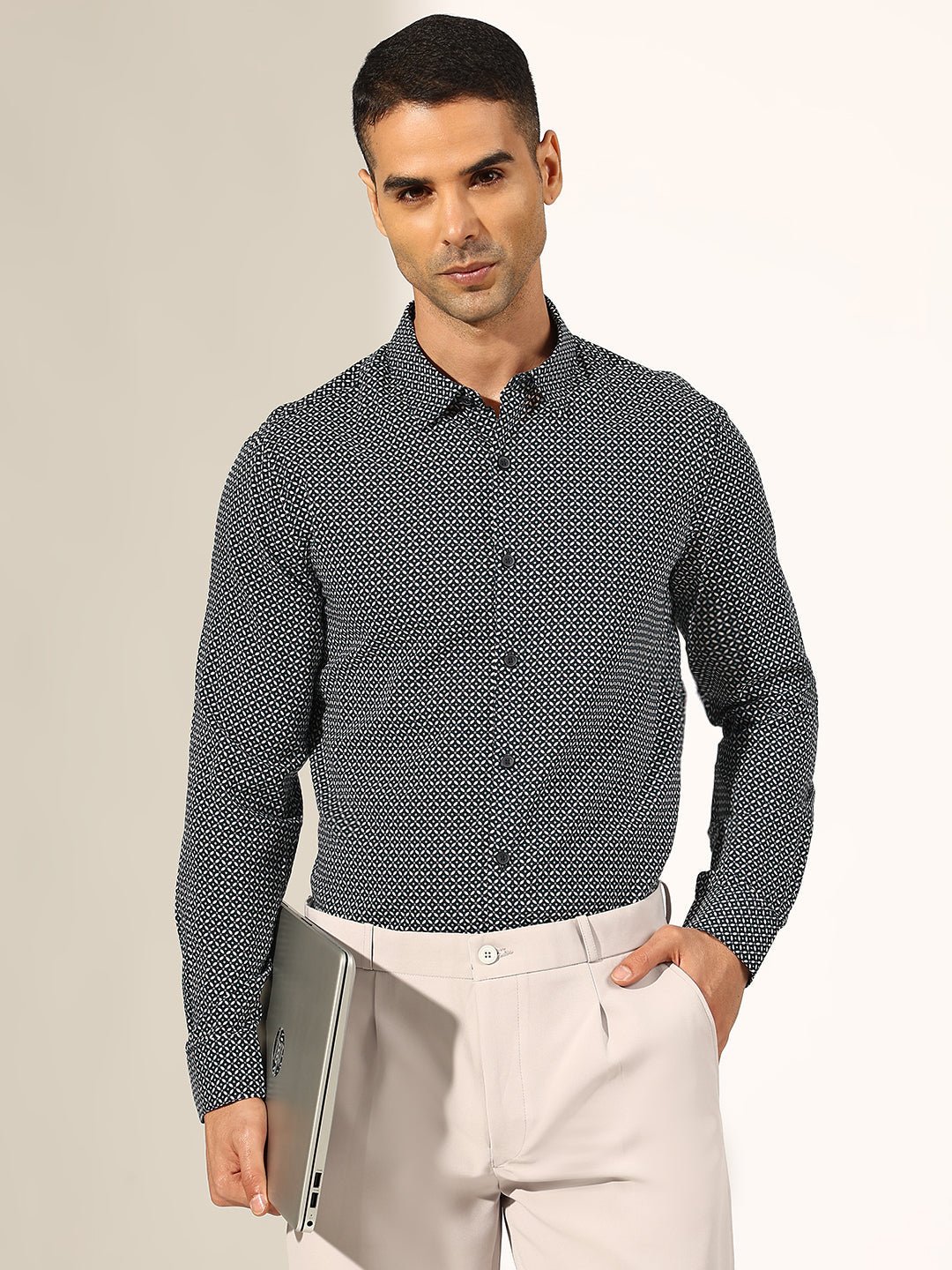 Men's Printed Navy Blue Slim Fit Formal Shirt