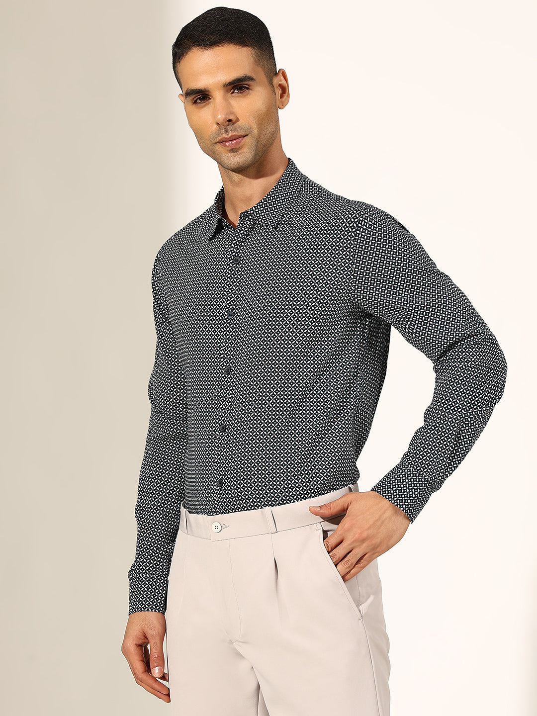 Men's Printed Navy Blue Slim Fit Formal Shirt