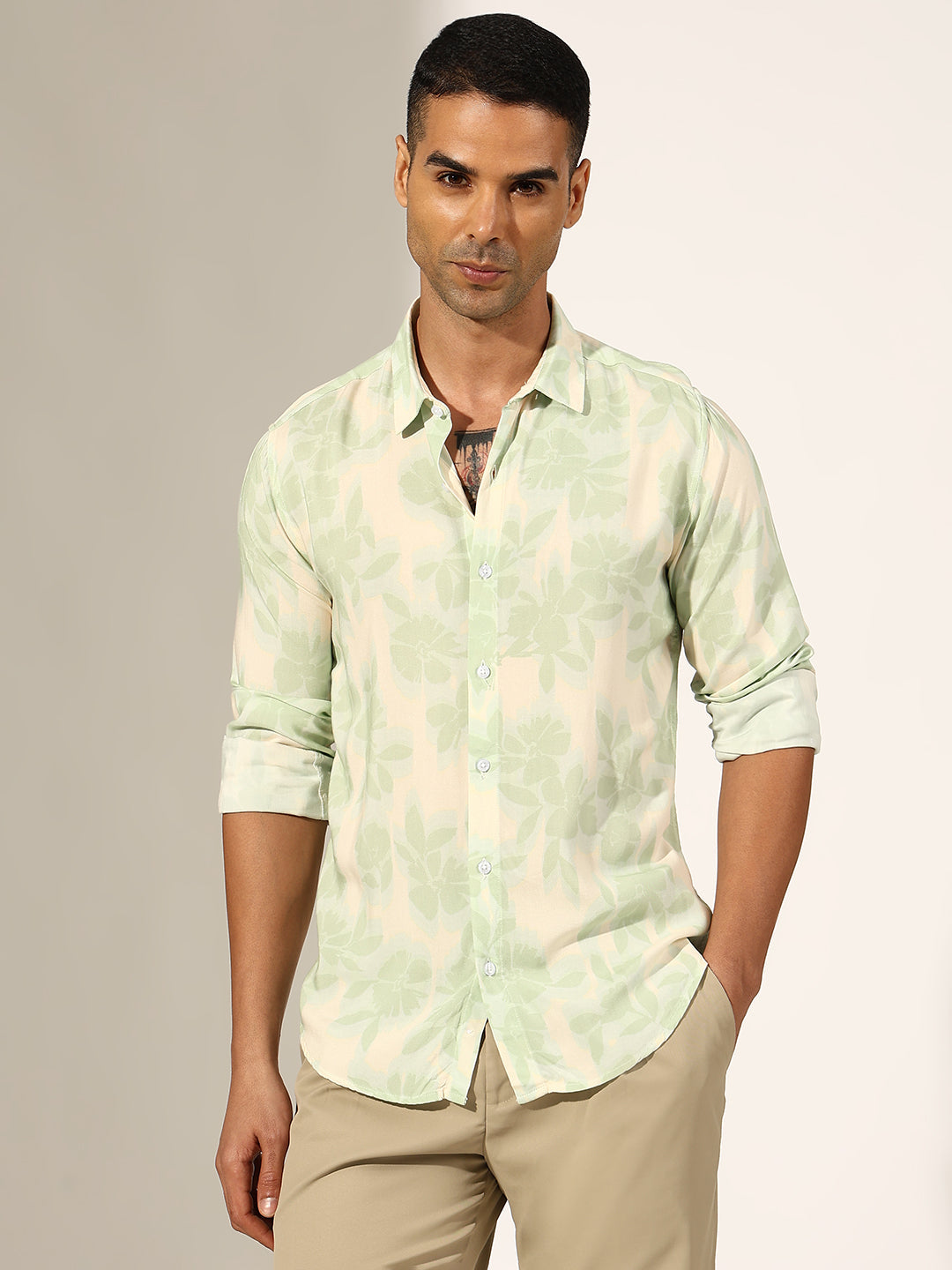 Men's Floral Green Regular Fit Casual Shirt