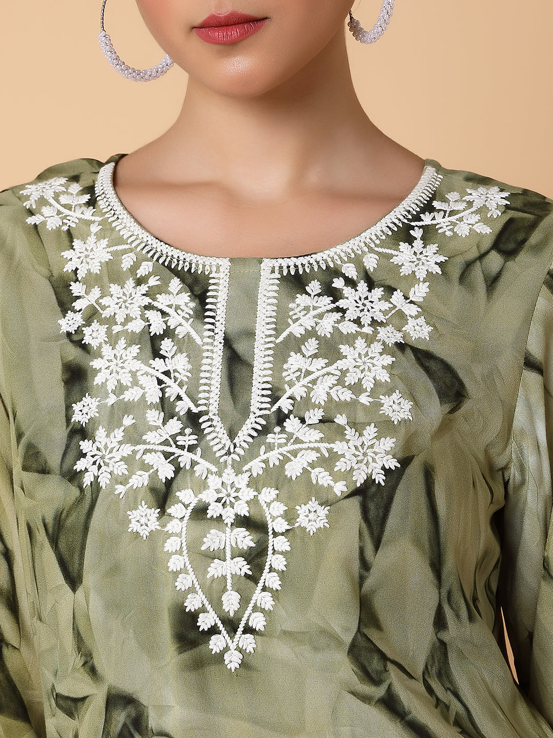 Women Floral Olive Chikankari Kurti