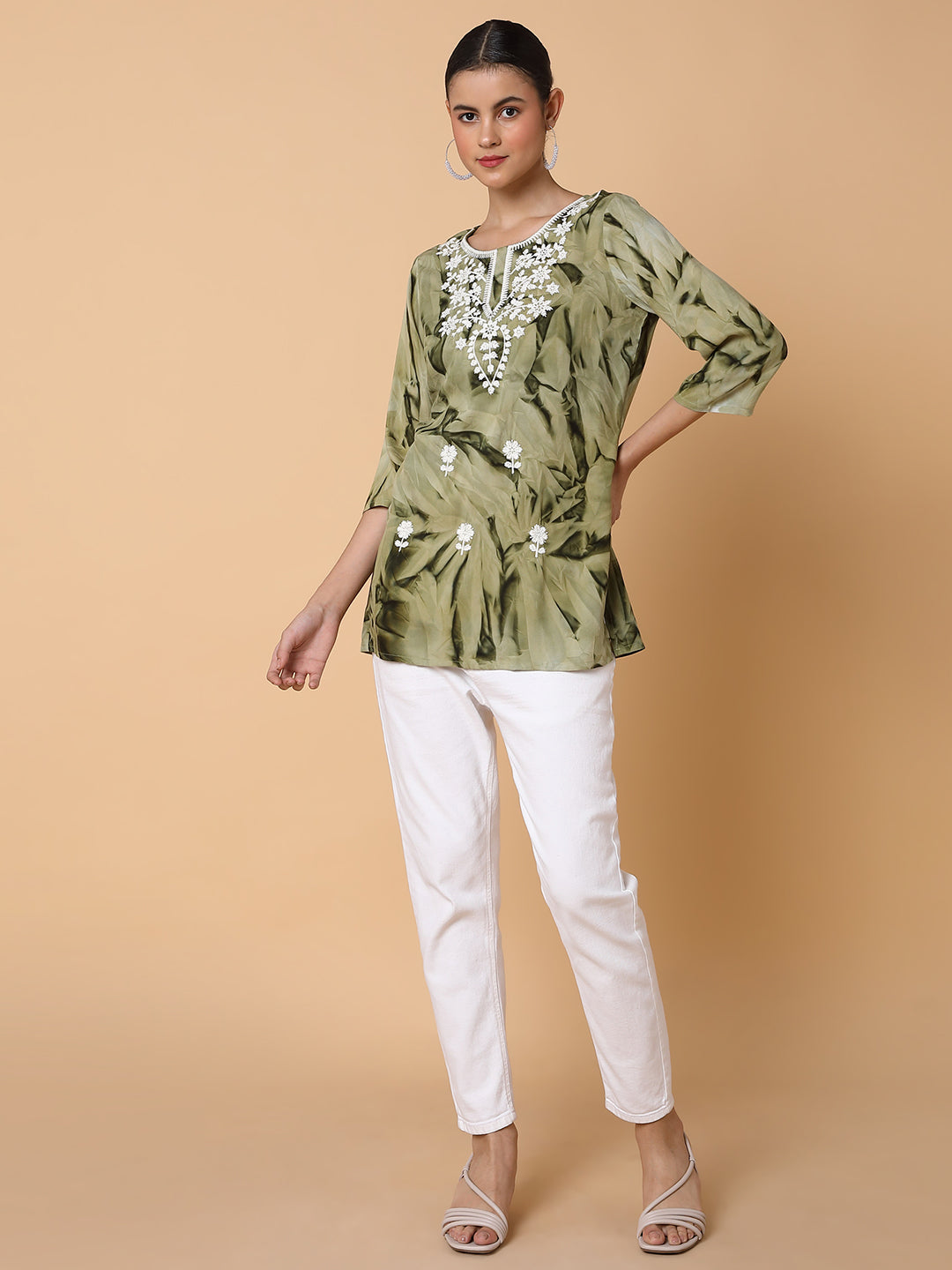 Women Floral Olive Chikankari Kurti