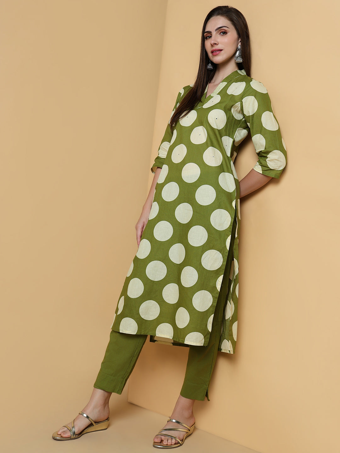 Women Geometric Green Straight Kurta Set