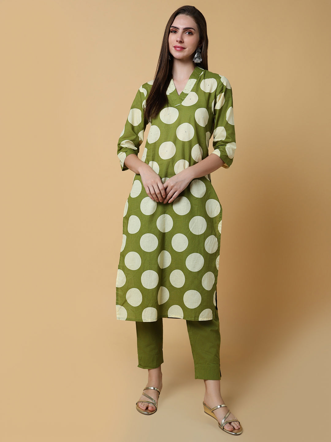 Women Geometric Green Straight Kurta Set