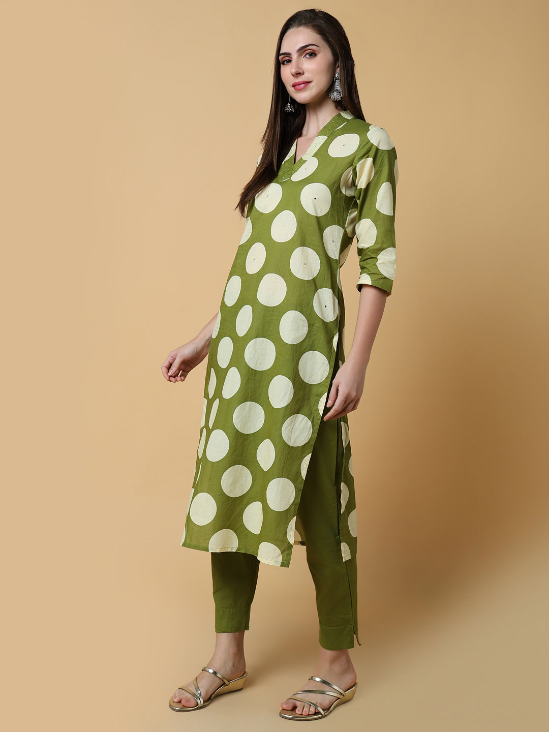 Women Geometric Green Straight Kurta Set